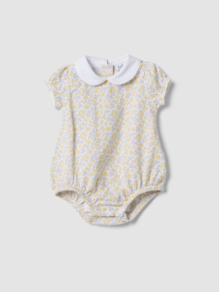 White pure organic cotton bodysuit with collar and floral print_0