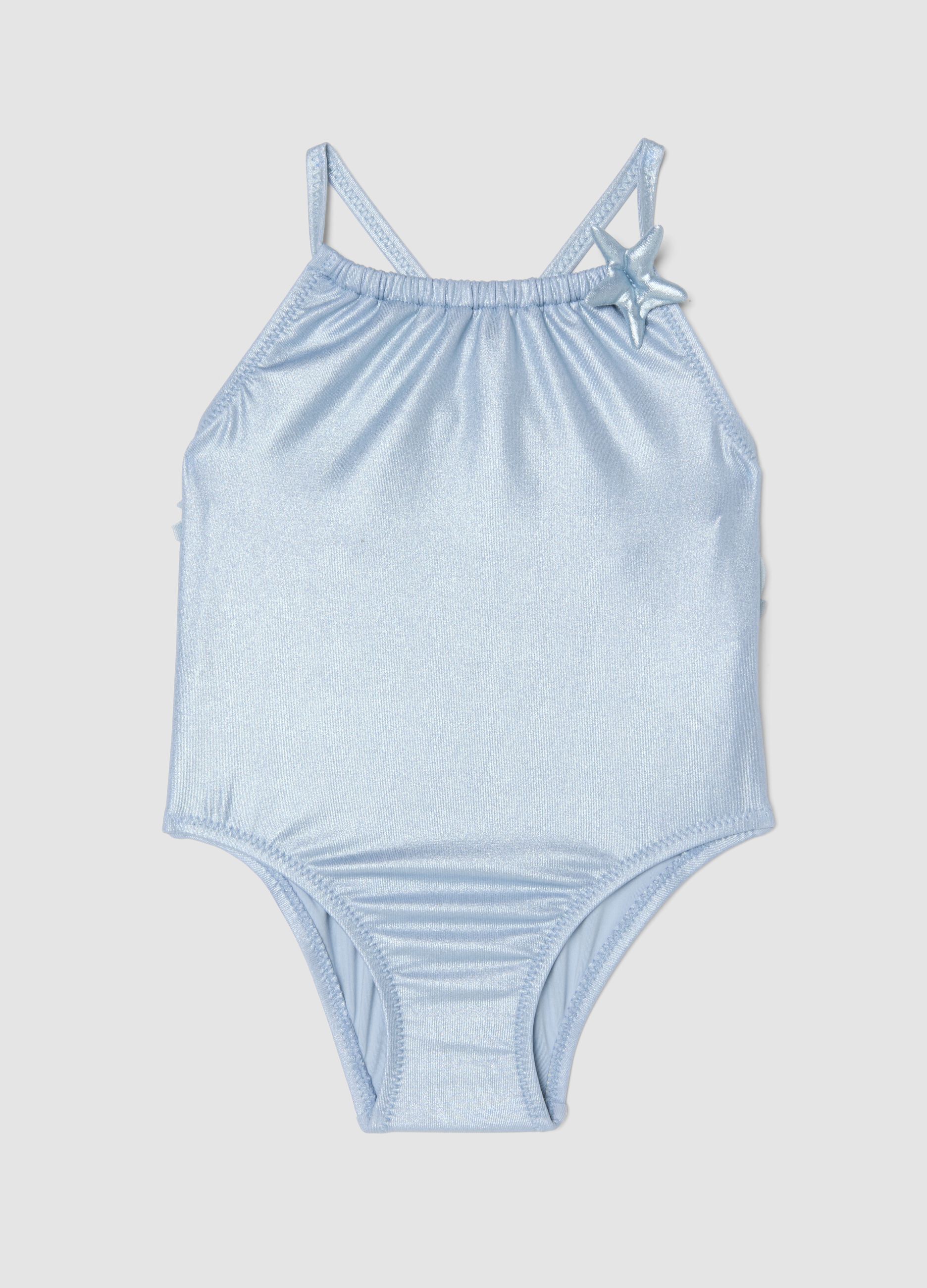 Light blue stretch swimsuit with ruffle detail for baby girls