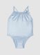 Light blue stretch swimsuit with ruffle detail for baby girls_0