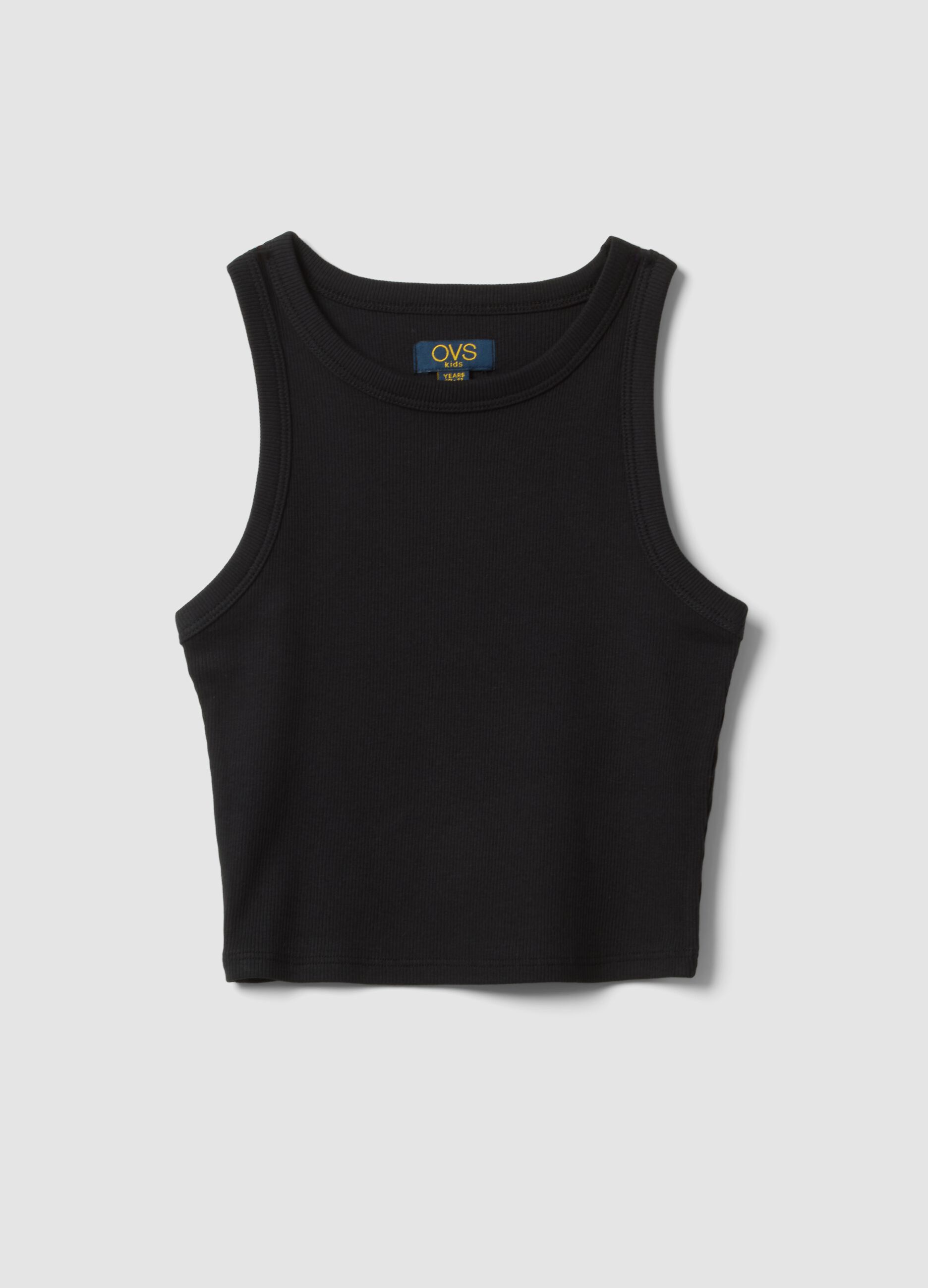 Canotta fitted nera in cotone elasticizzato a coste da ragazza