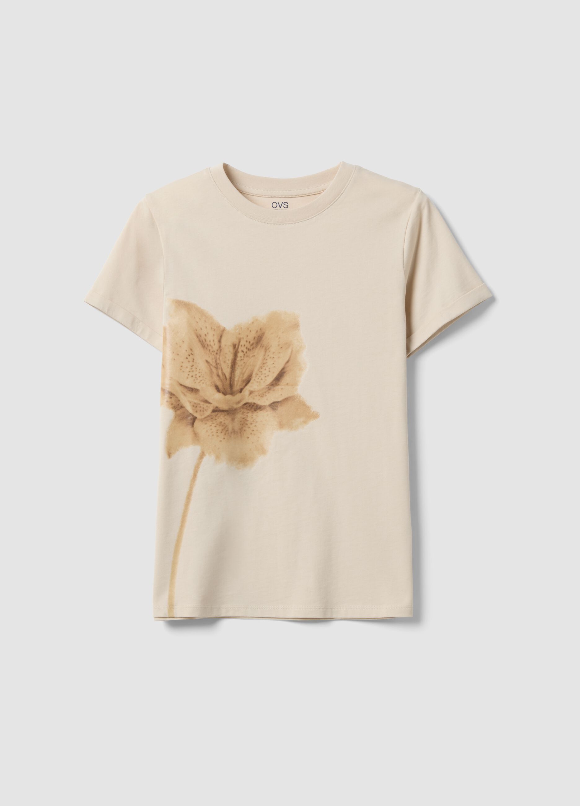 T-shirt beige in puro cotone con girocollo e stampa floreale regular fit
