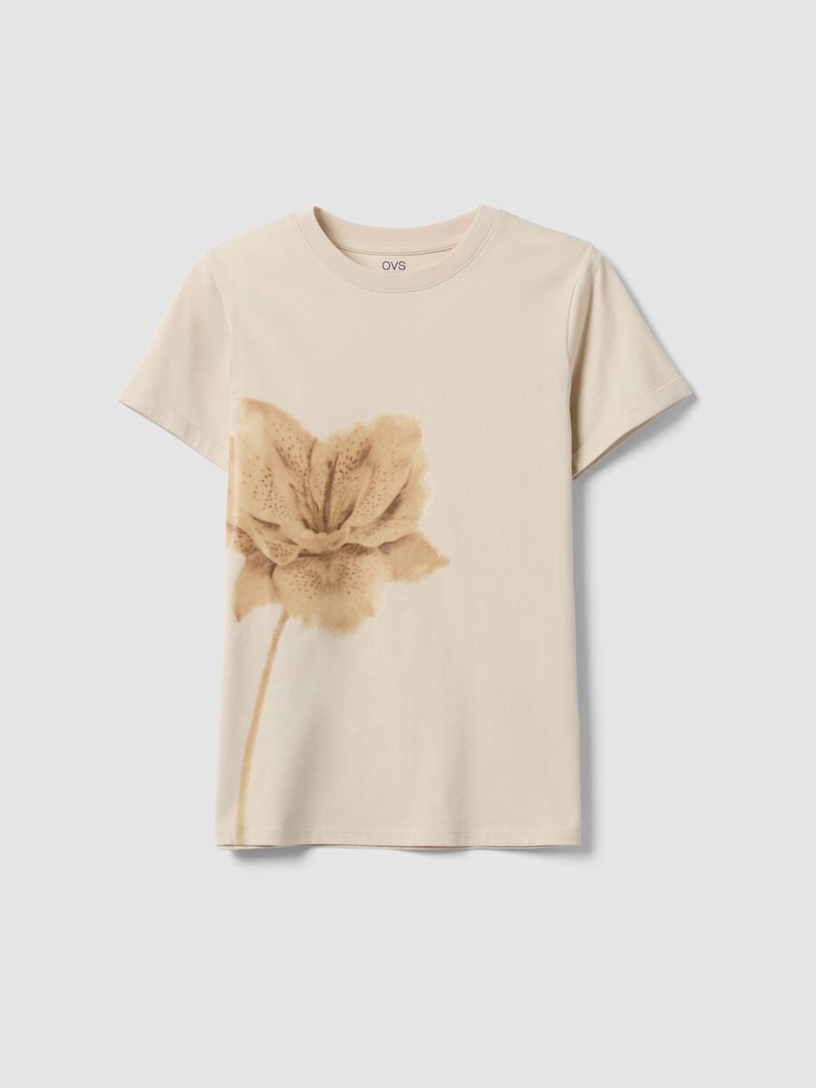 Beige pure cotton crew-neck T-shirt with floral print, regular fit_4