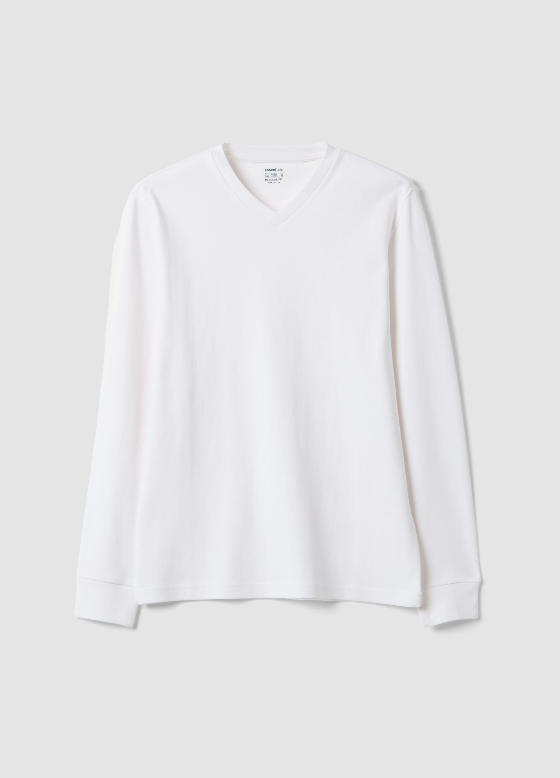 White pure cotton V-neck T-shirt, regular fit