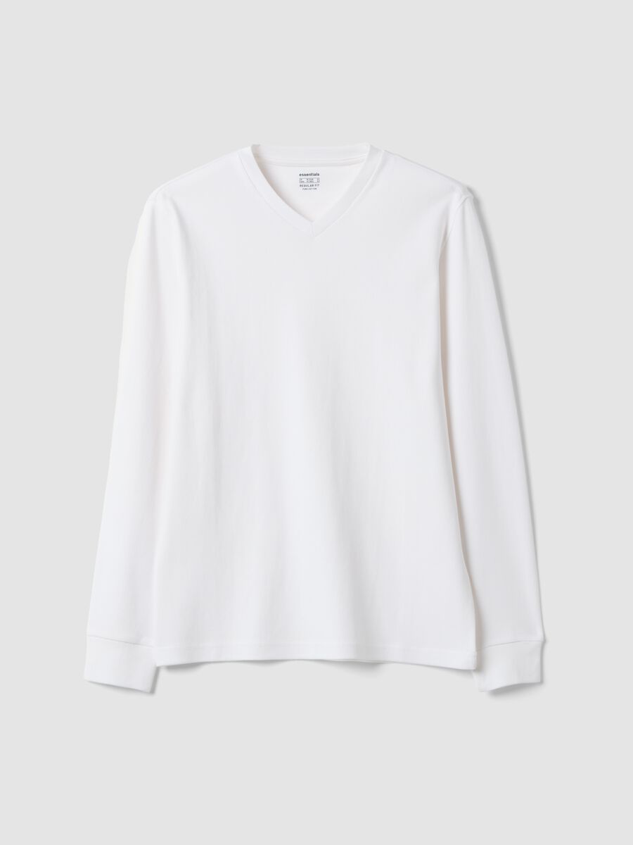 T-shirt bianca in puro cotone con scollo a V regular fit_0