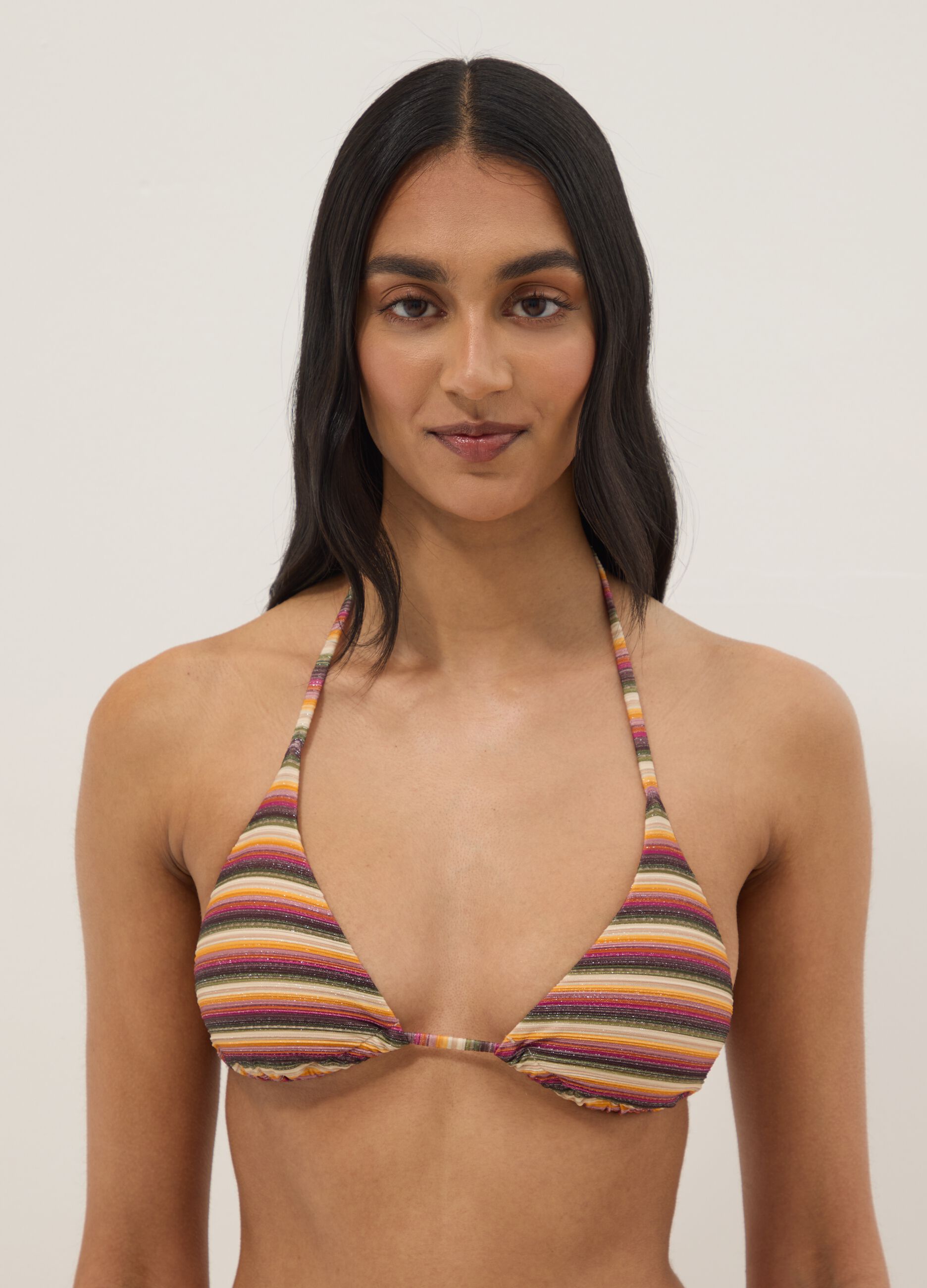 Multicoloured striped triangle bikini top in stretch fabric