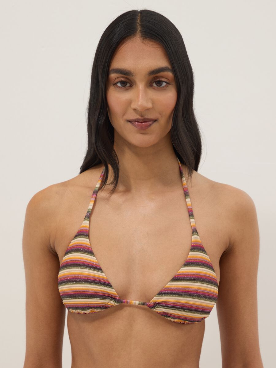 Top bikini a triangolo in tessuto elasticizzato a righe multicolor_0