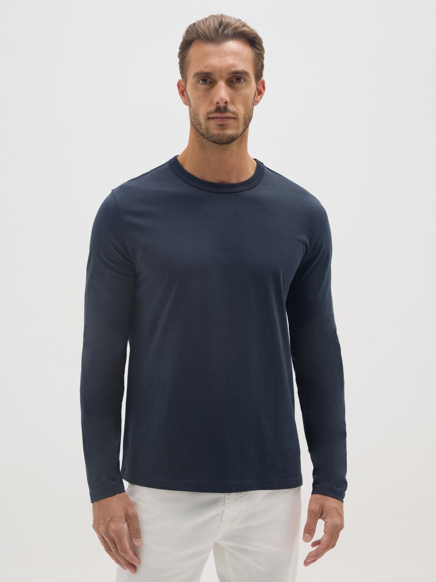 Blue long sleeve T-shirt in pure cotton, regular fit_0