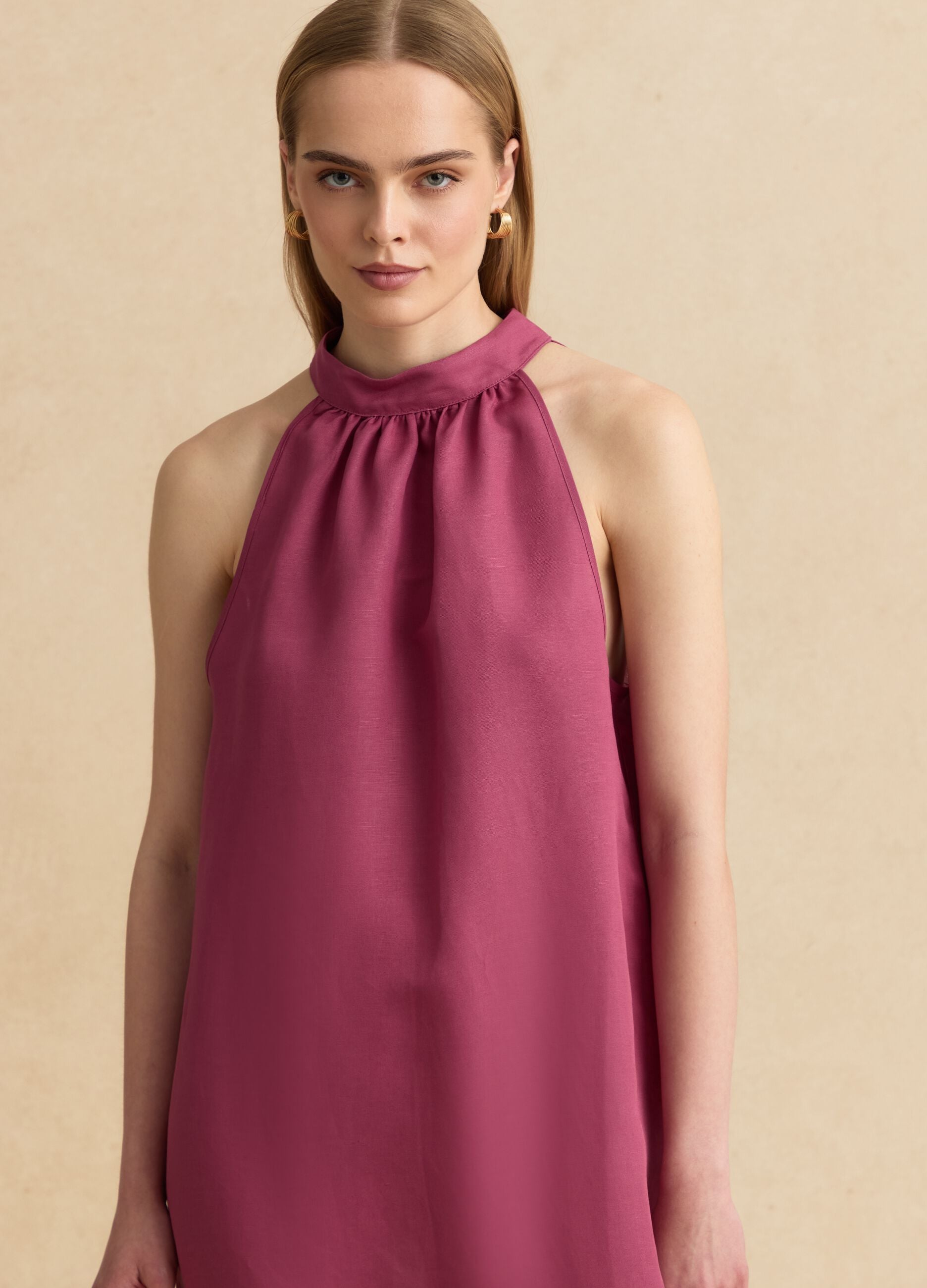 Pink linen-viscose blend halterneck dress, regular fit
