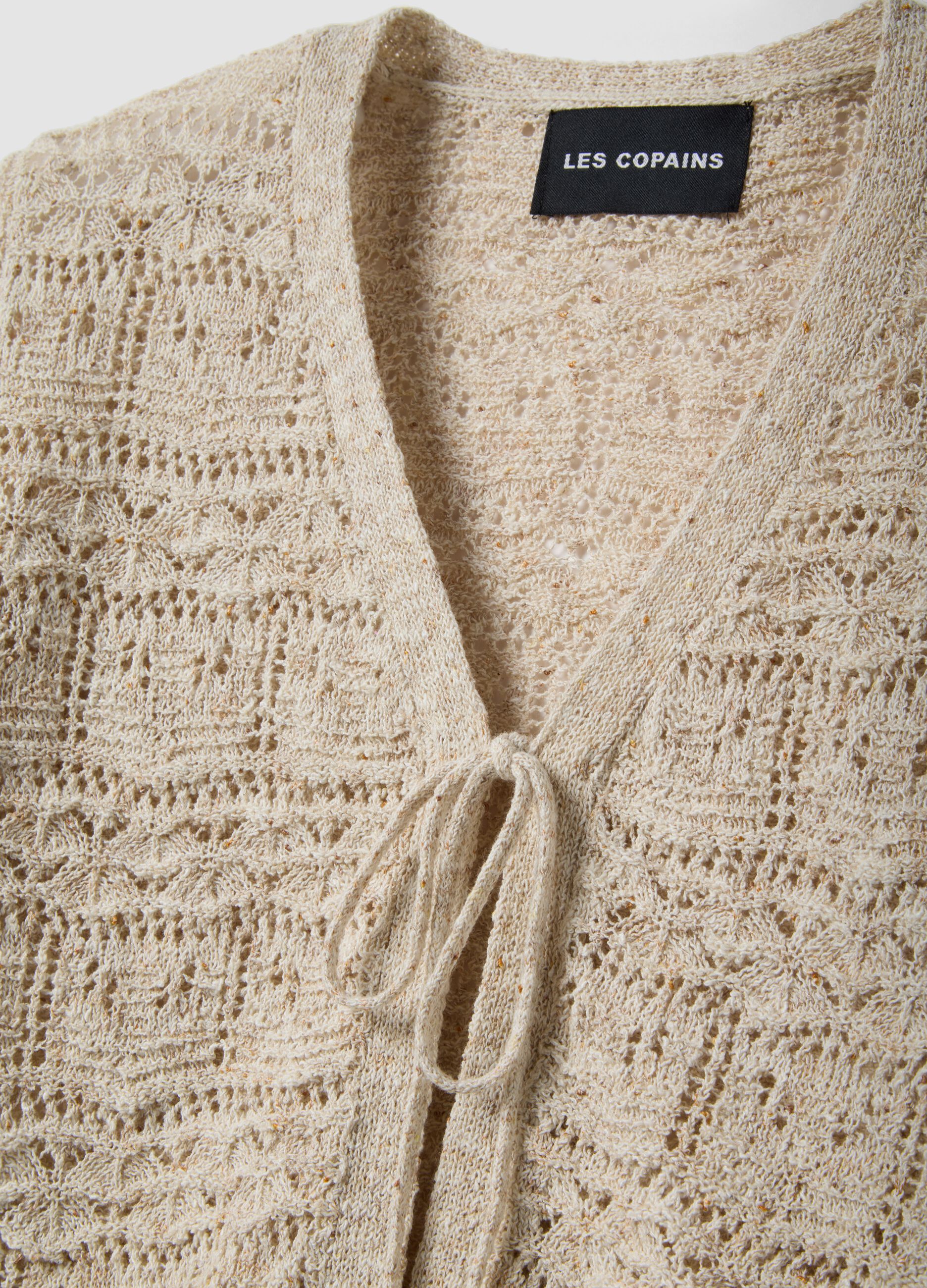 Beige crochet-style cotton and linen blend cardigan with deep V-neck, regular fit