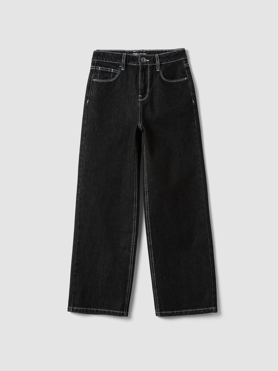 Jeans neri straight fit in puro cotone con stella per ragazza_0