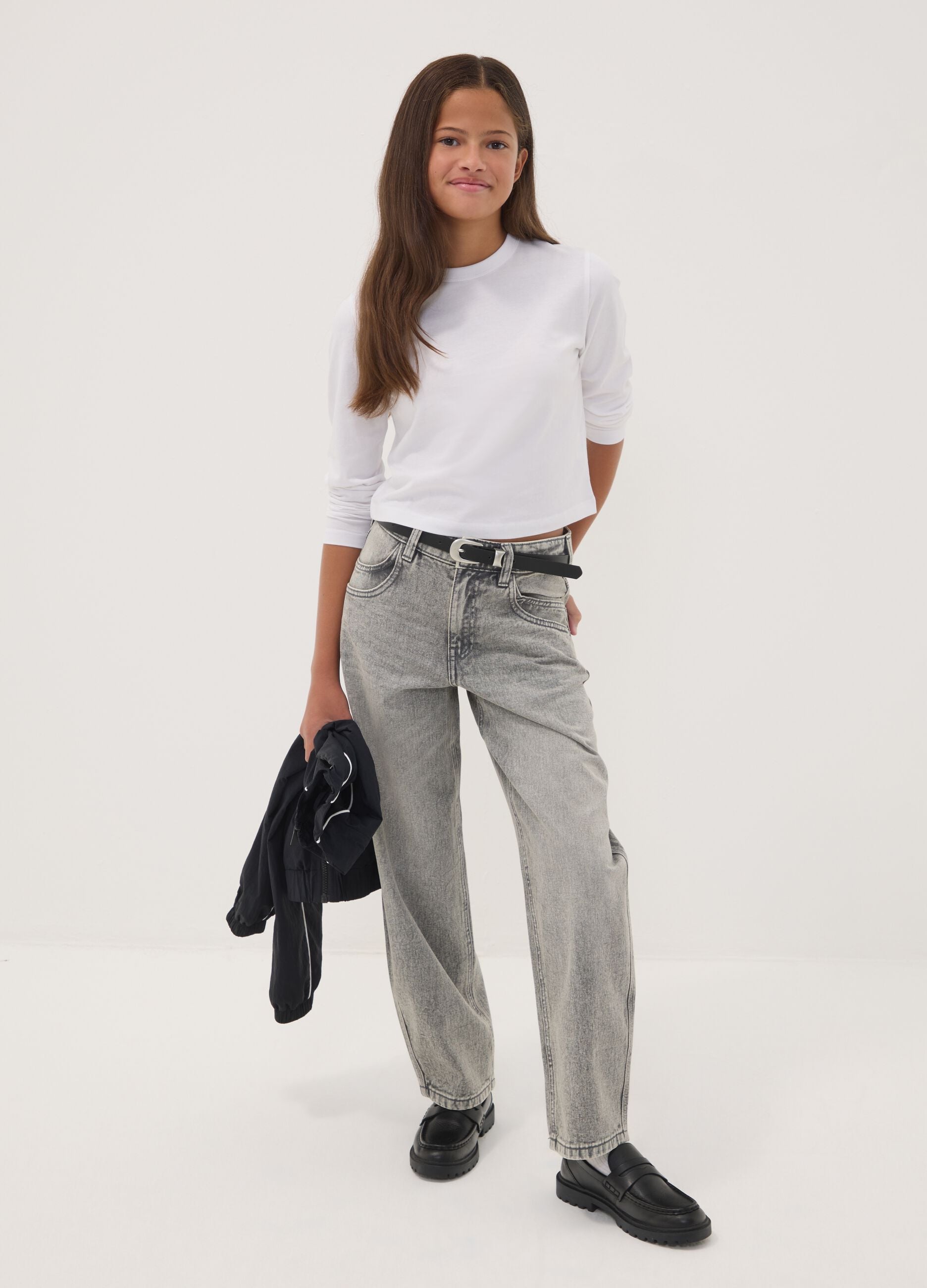 Grey pure cotton denim jeans, balloon fit