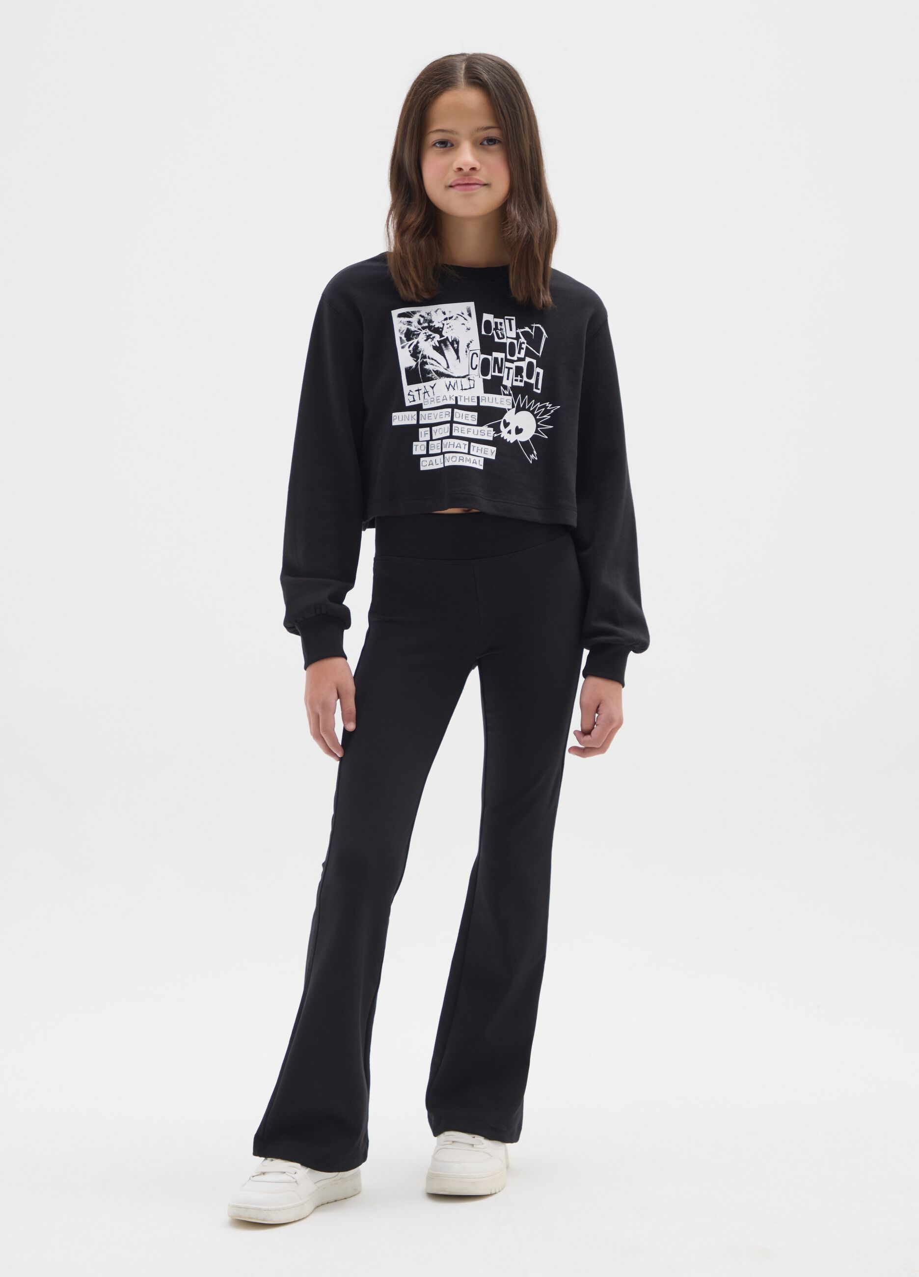 Treggings flare da ragazza in misto cotone elasticizzato nero