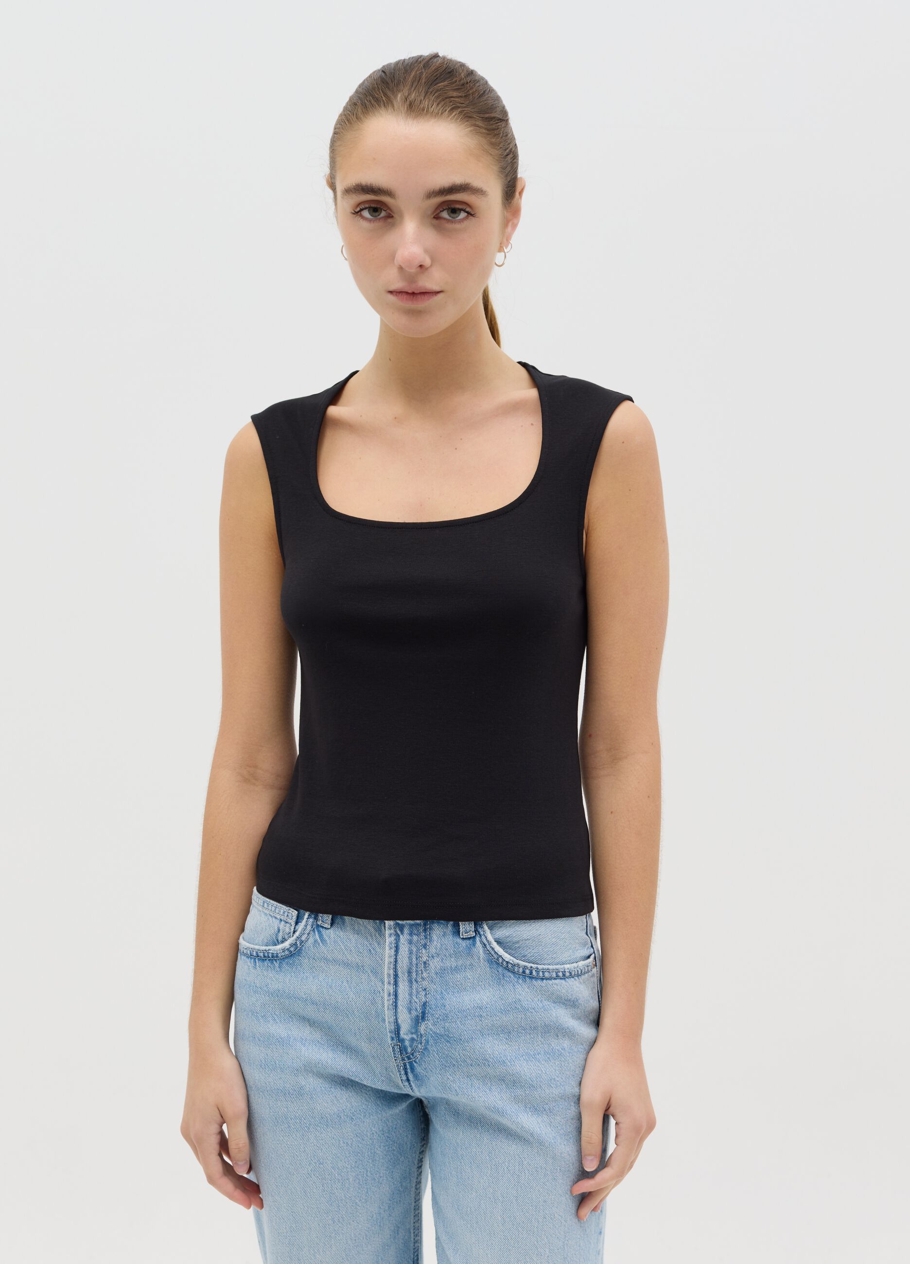 Black tank top with square neckline