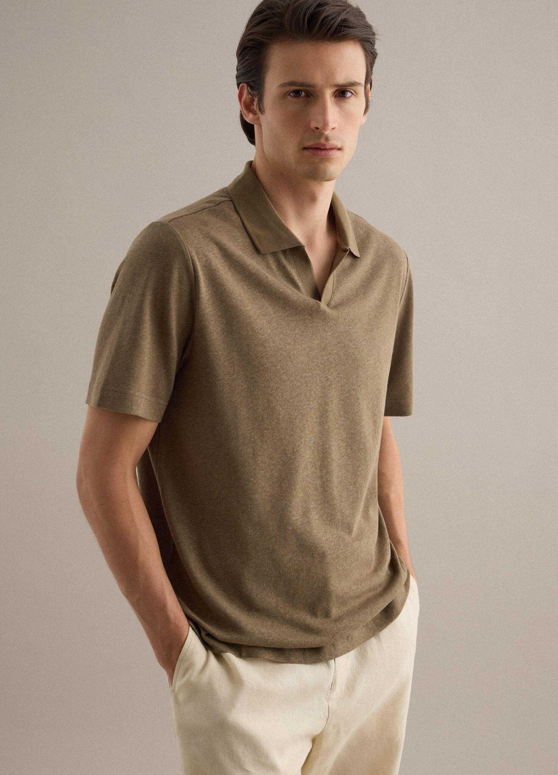 Brown regular fit linen and cotton blend polo