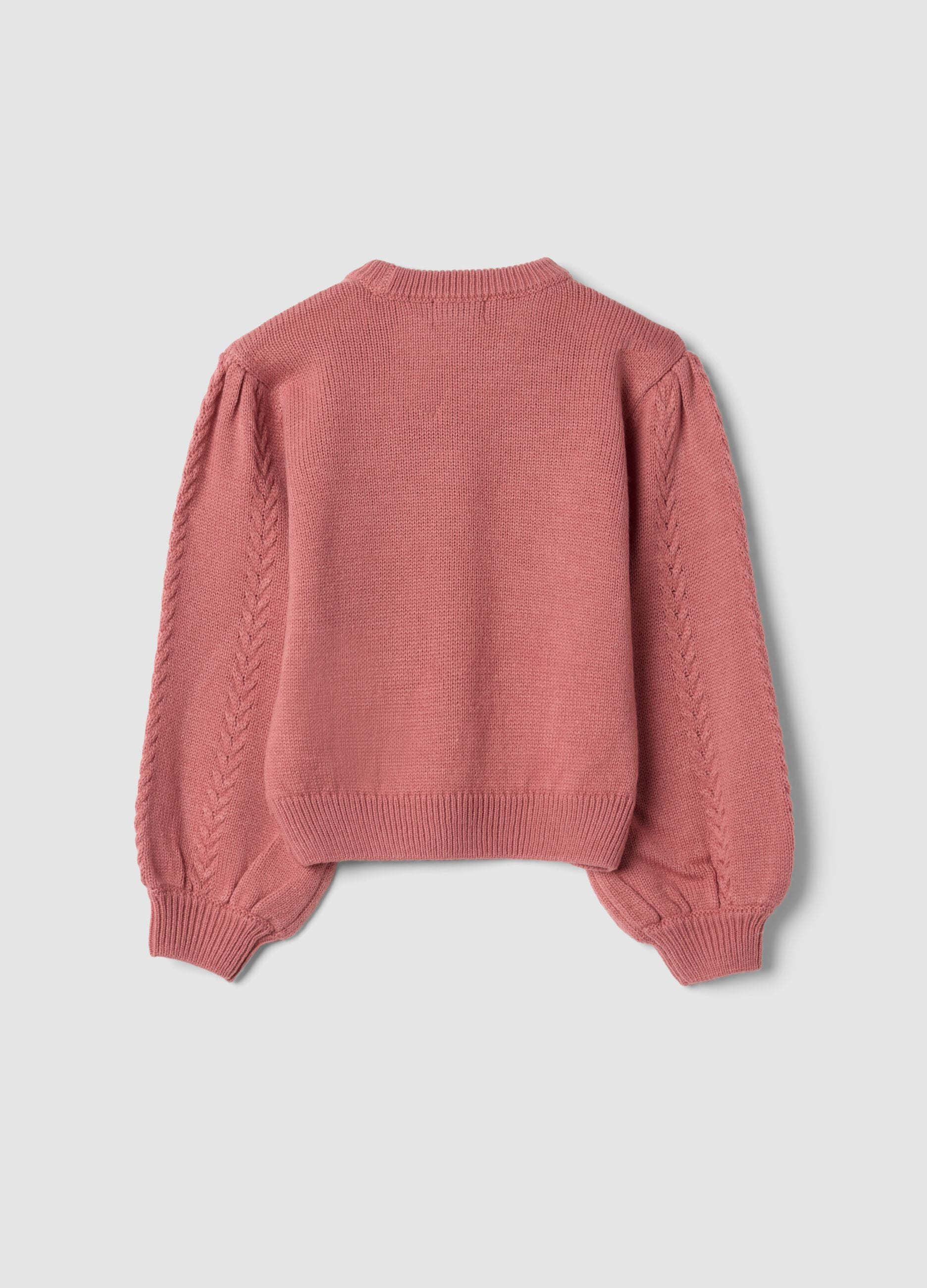 Dusty pink crew-neck top with puff sleeves, regular fit
