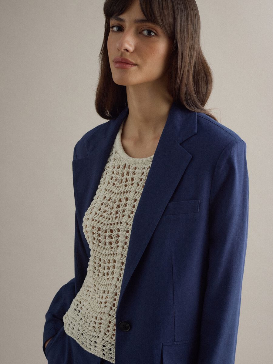 Regular Fit Blue Viscose Linen Blend Blazer_0