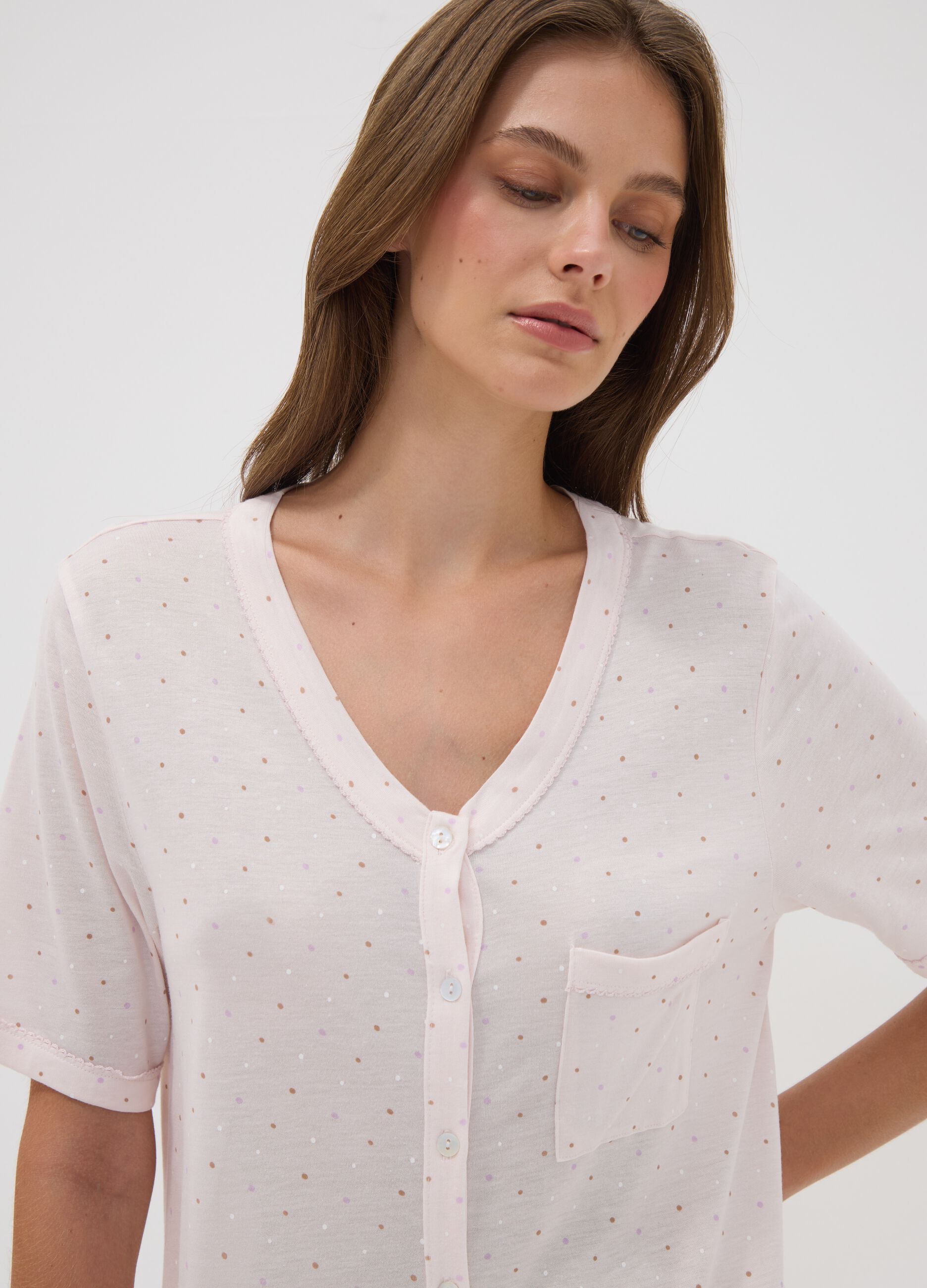 Pink polka-dot pure viscose nightshirt with V-neck