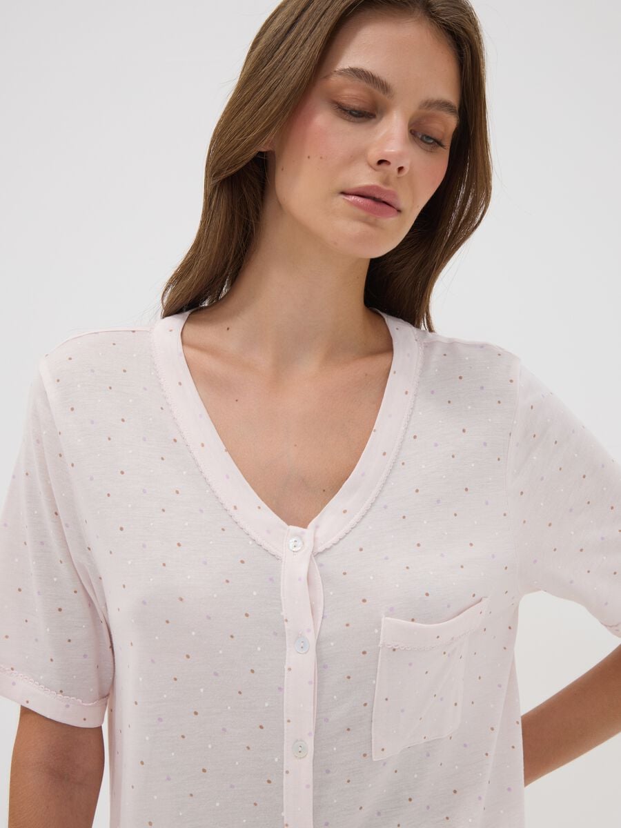 Pink polka-dot pure viscose nightshirt with V-neck_1