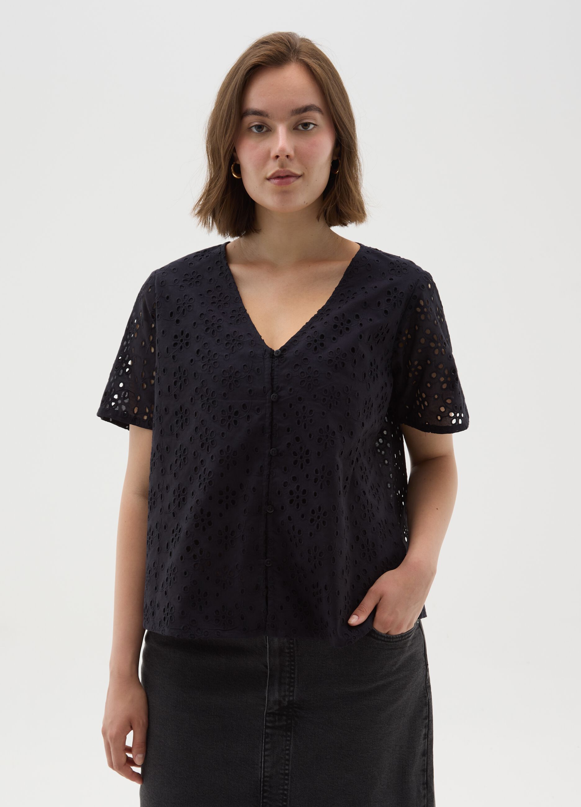 Women's black regular fit pure cotton blouse