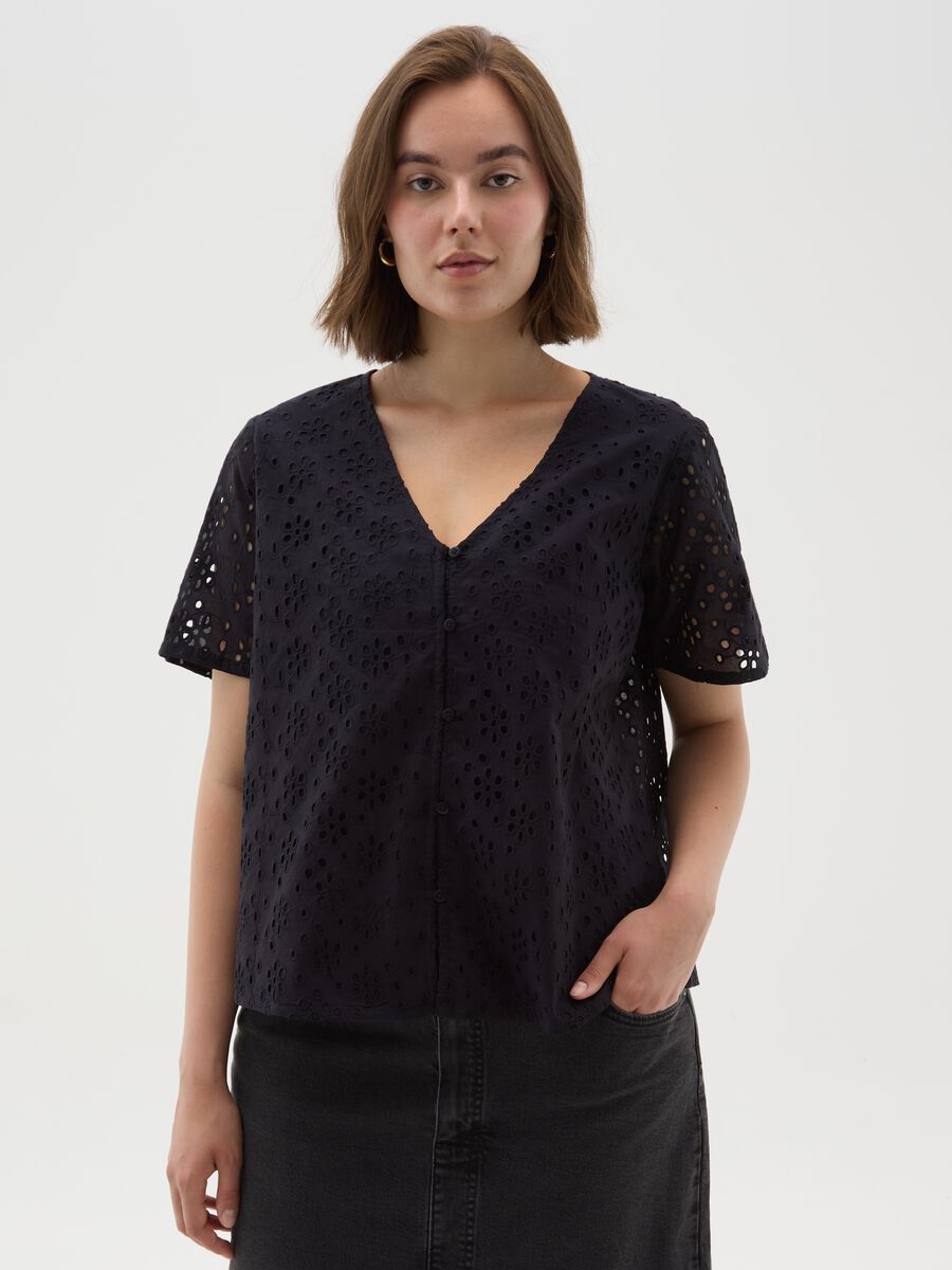 Women's black regular fit pure cotton blouse_0