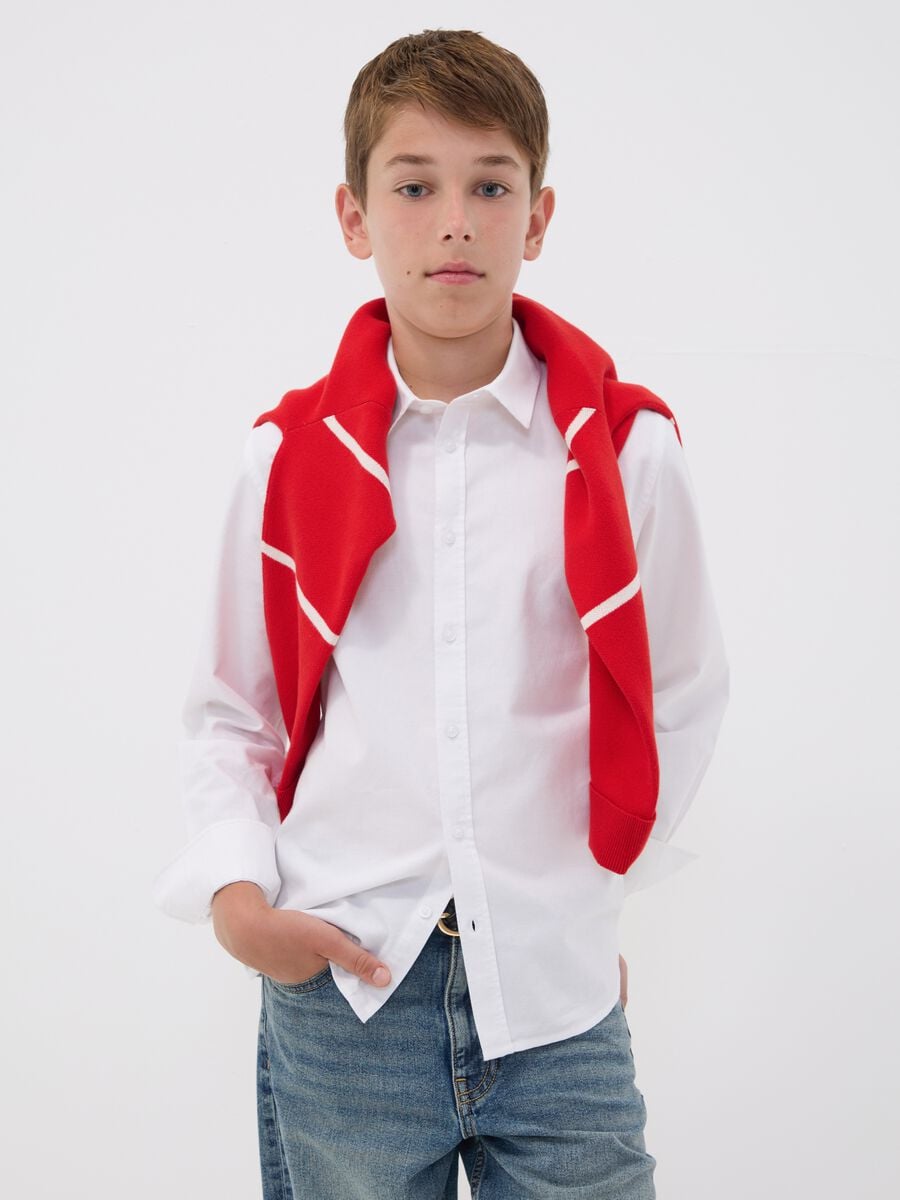 White pure cotton Oxford shirt with classic collar for boys_0
