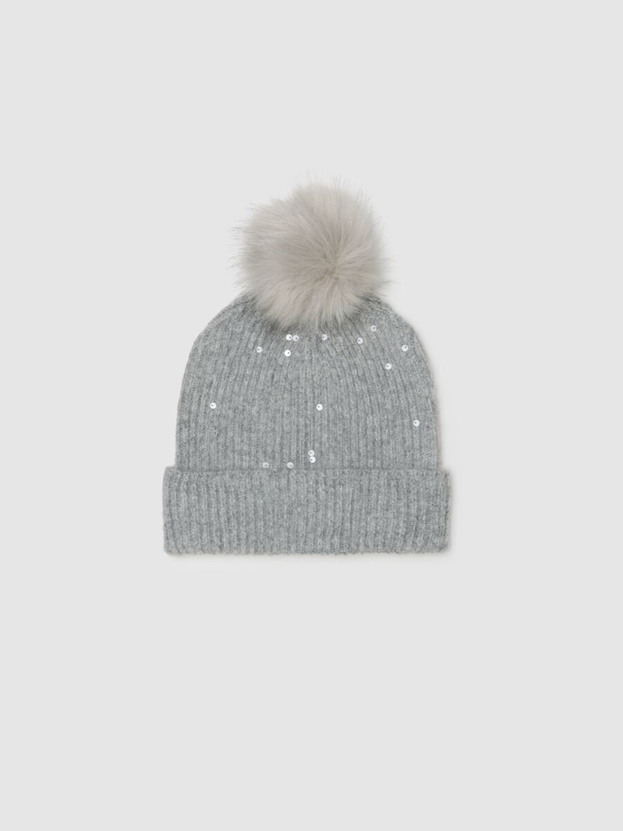 Grey hat with pom pom and sequins_0