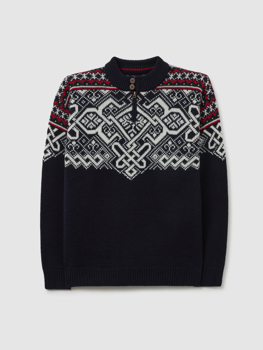 Pullover blu con motivo jacquard in misto lana con zip_5
