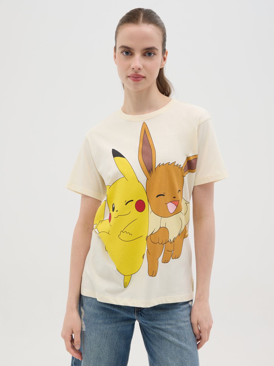 White cotton T-shirt with Eevee and Pikachu print_0