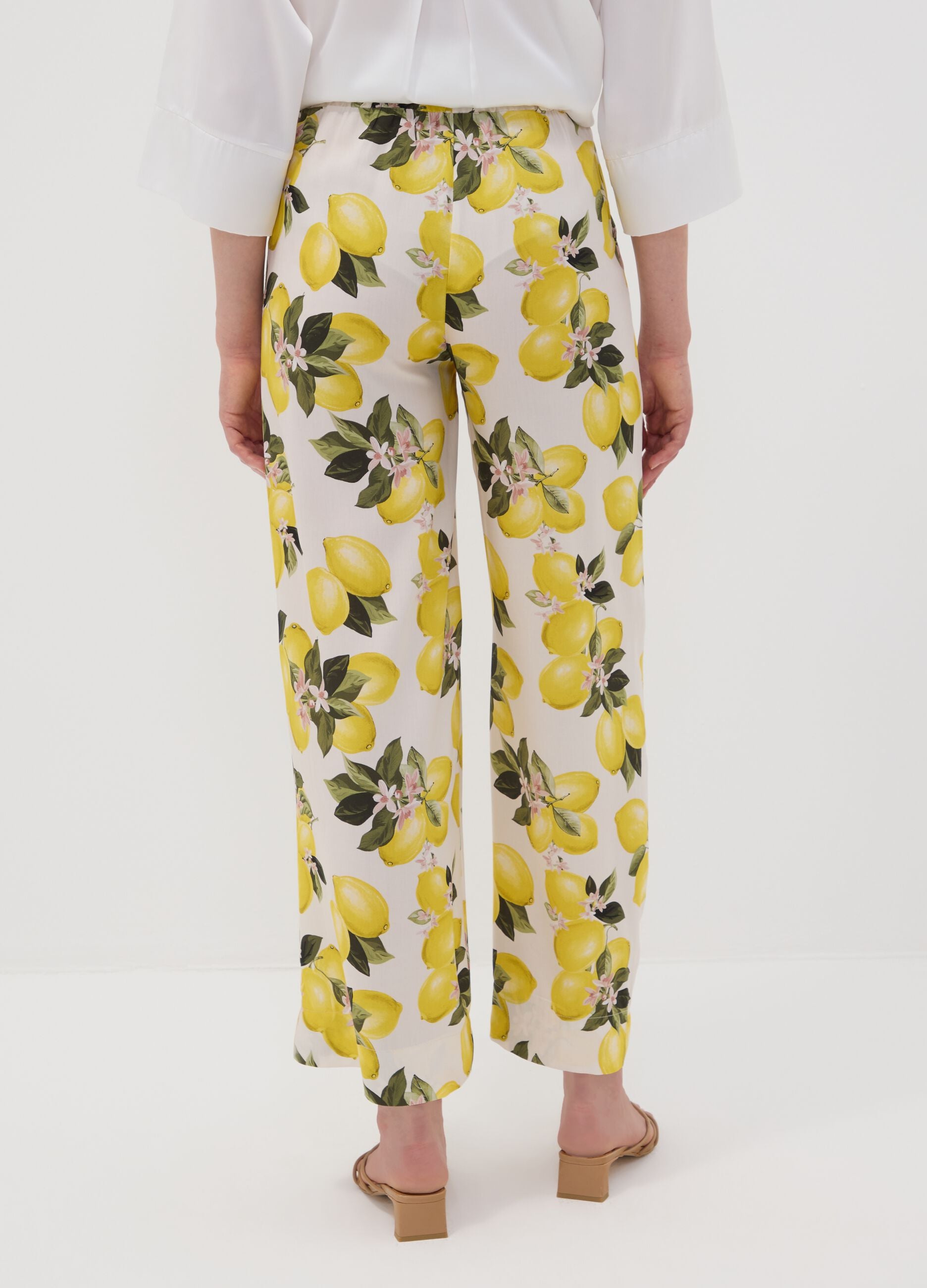 White pure viscose trousers with lemon print, regular fit