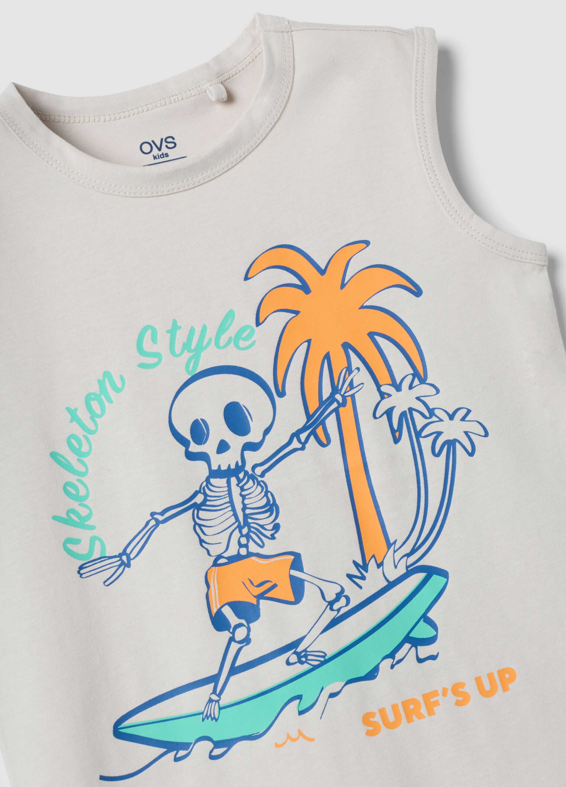 White pure cotton vest top with surf print