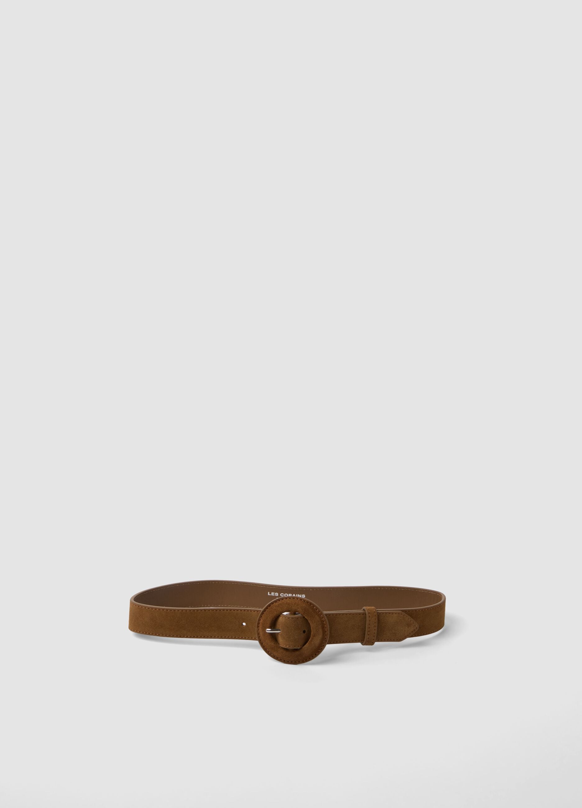 Brown genuine leather belt with round buckle