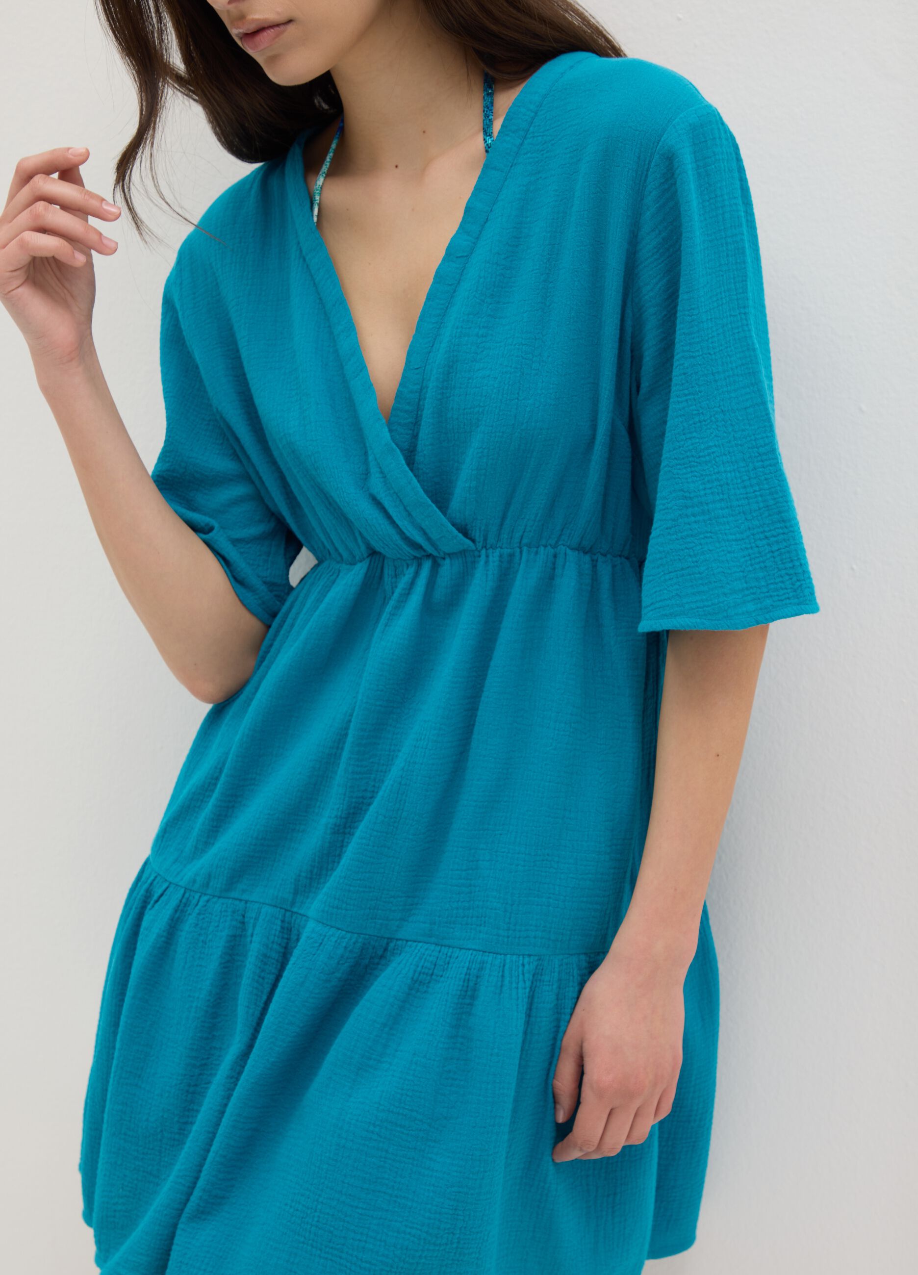 Women's long blue dress in pure cotton