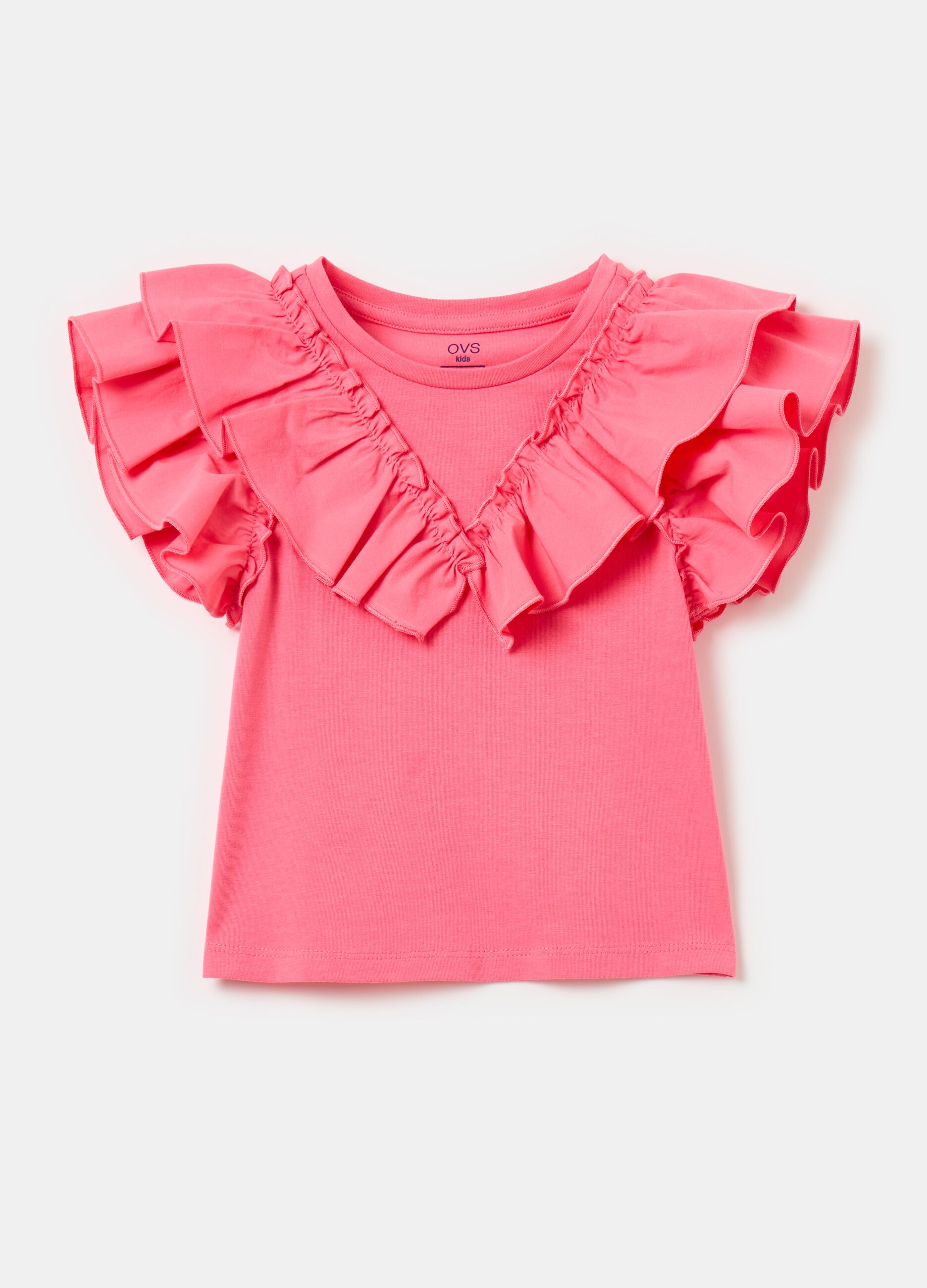 Stretch cotton T-shirt with ruffles