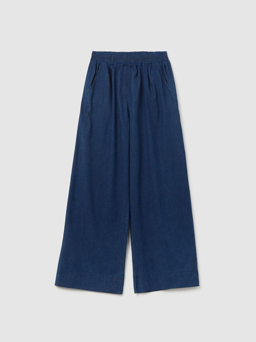 Women's blue denim regular fit trousers with elasticated waist_4