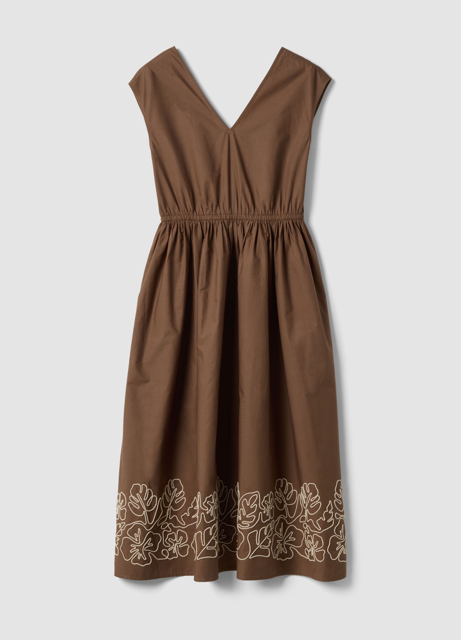 Brown pure cotton regular-fit dress with embroidery and V-neck