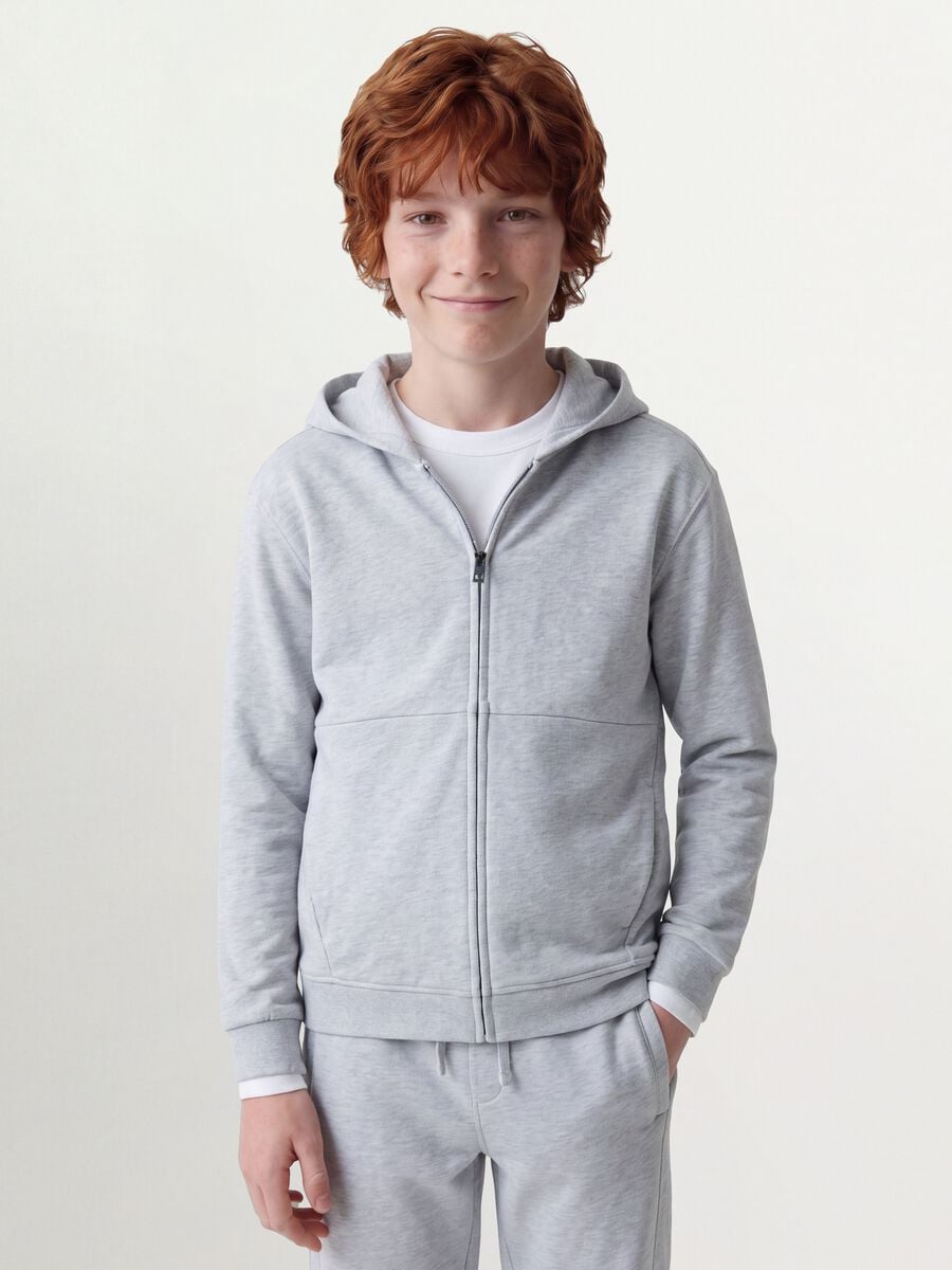 Grey hooded zip-up sweatshirt in pure organic cotton for boys, relaxed fit_0