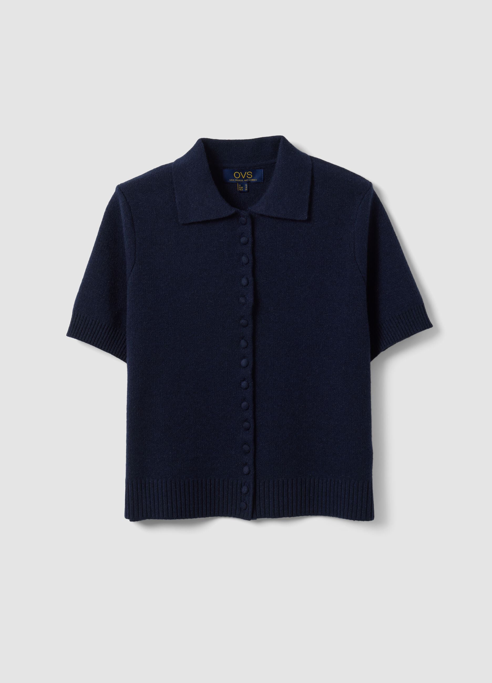 Cardigan blu in misto lana con colletto polo regular fit