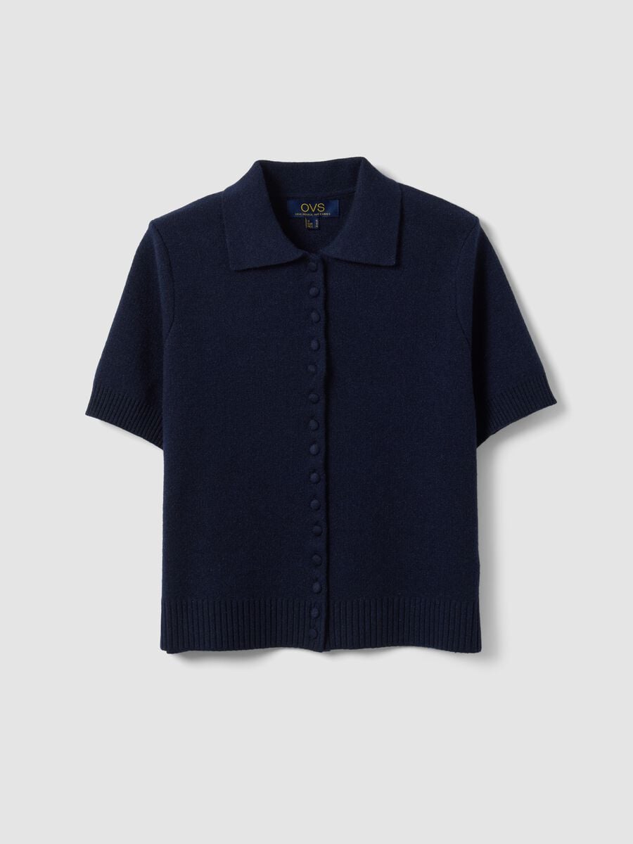 Cardigan blu in misto lana con colletto polo regular fit_4