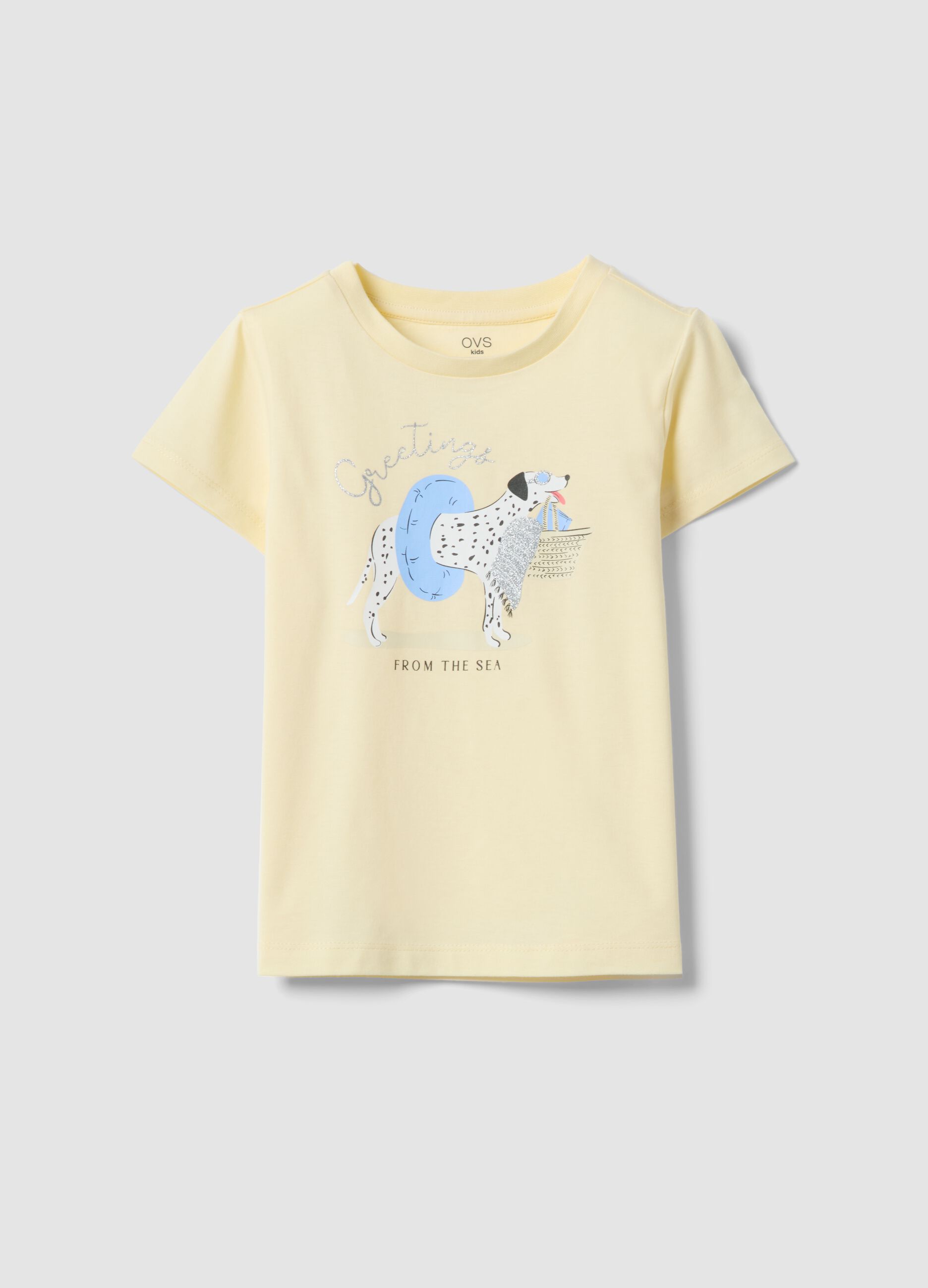 Girls&rsquo; yellow pure organic cotton T-shirt with print and glitter