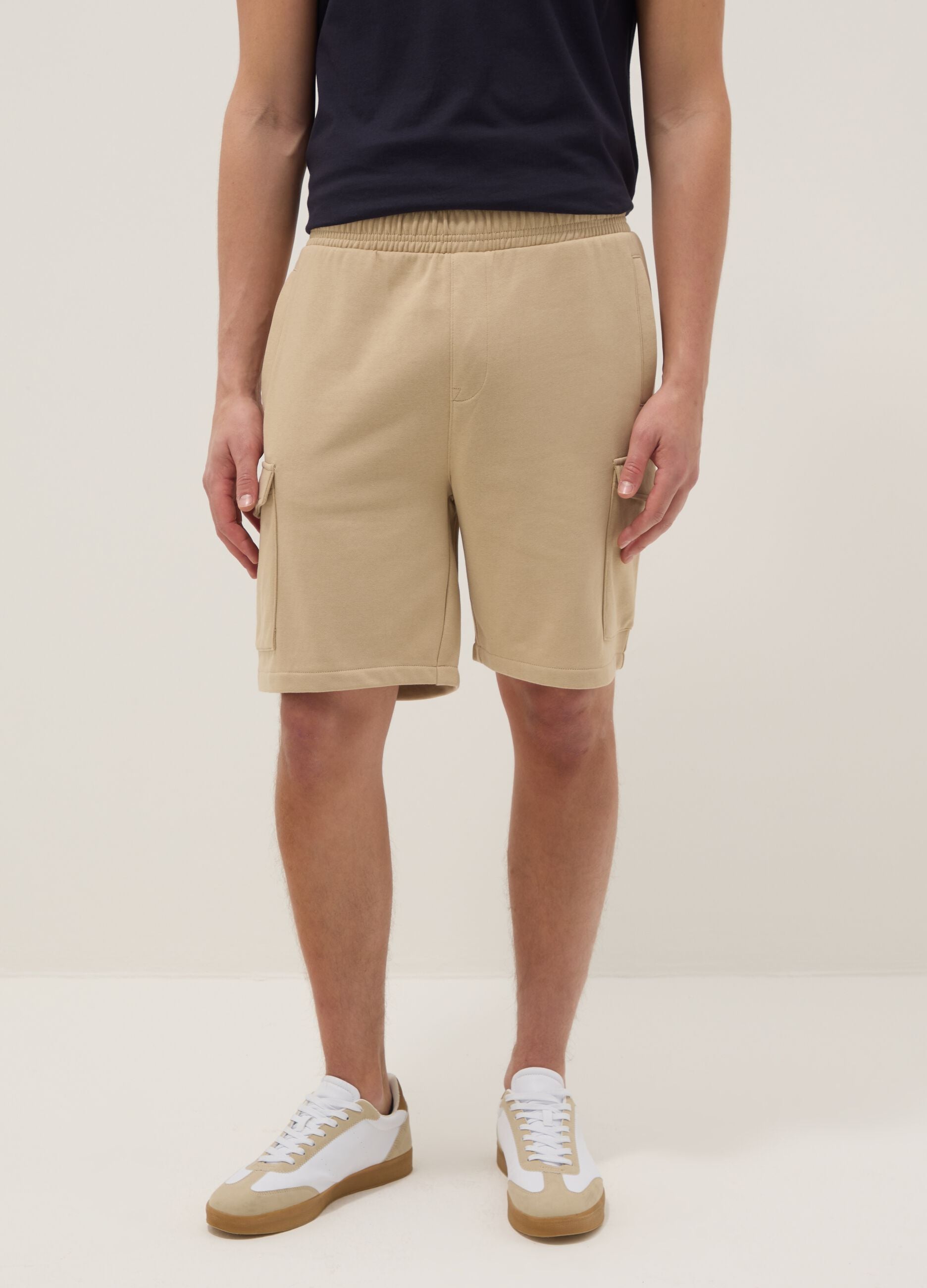 Beige cotton-blend cargo bermuda shorts