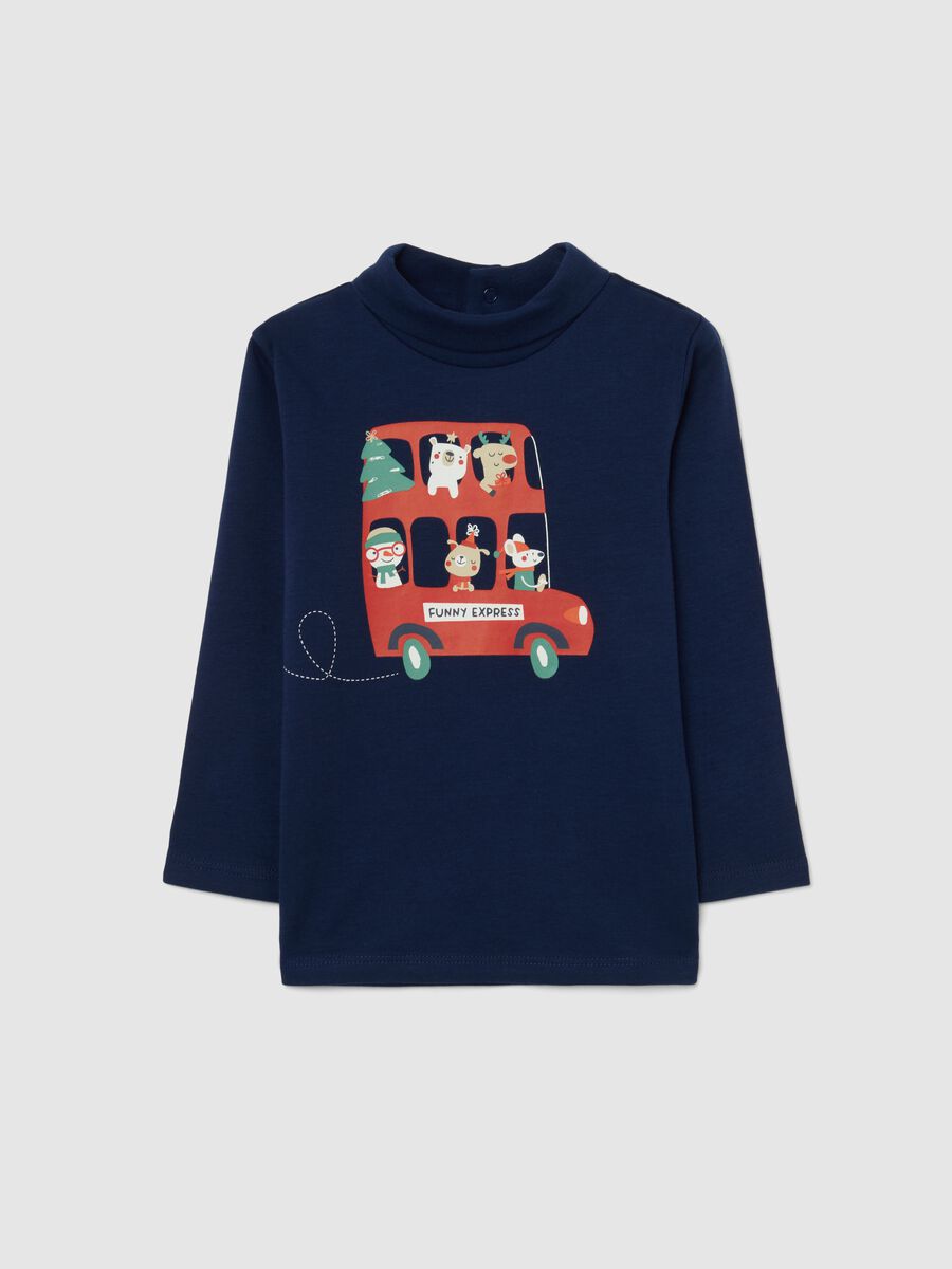 Blue mock neck baby sweater in pure cotton regular fit with print_0