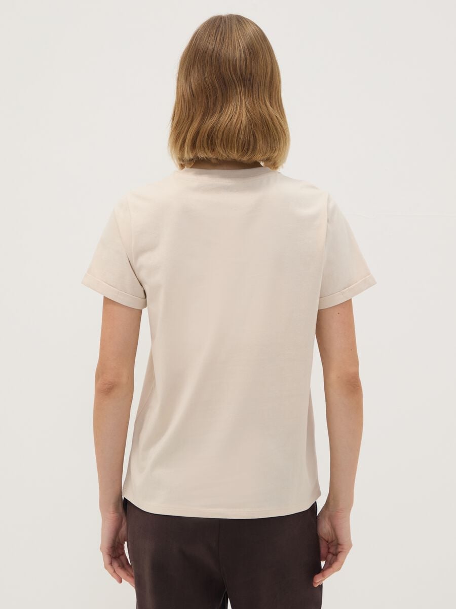 Beige pure cotton crew-neck T-shirt with floral print, regular fit_3