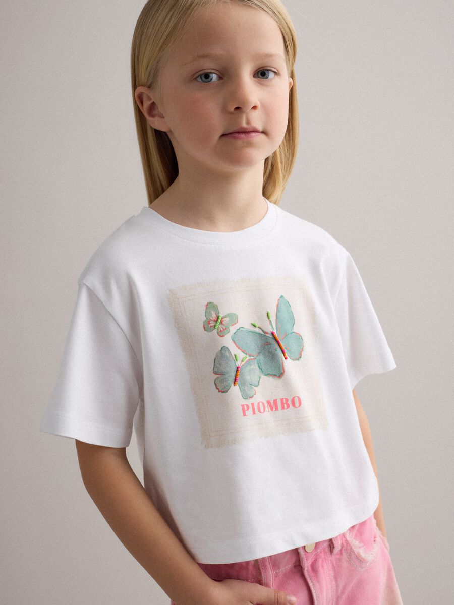 Girls&rsquo; white stretch cotton T-shirt with butterfly print_1