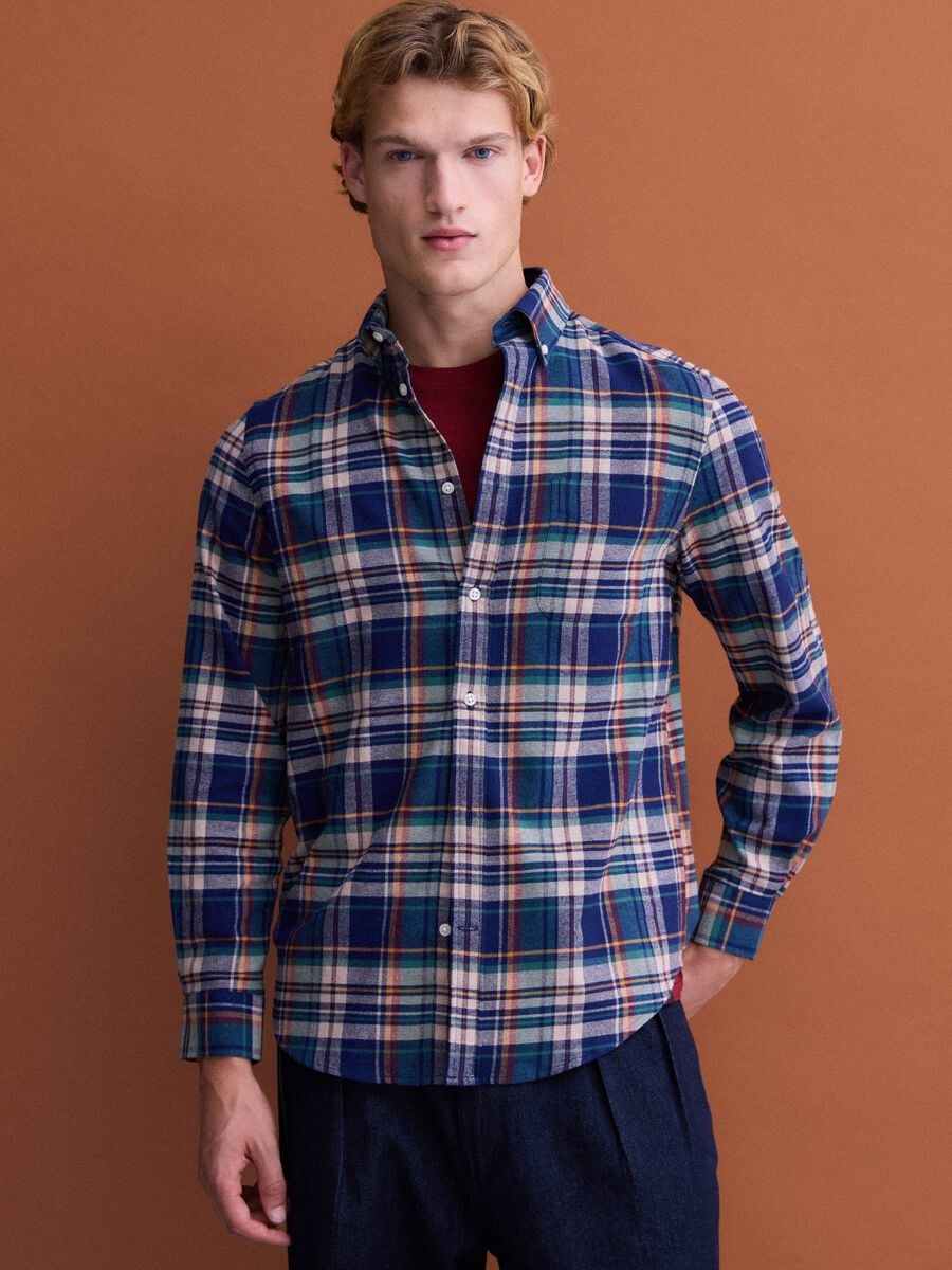 Camicia flanella blu e verde a quadri in puro cotone regular fit_2