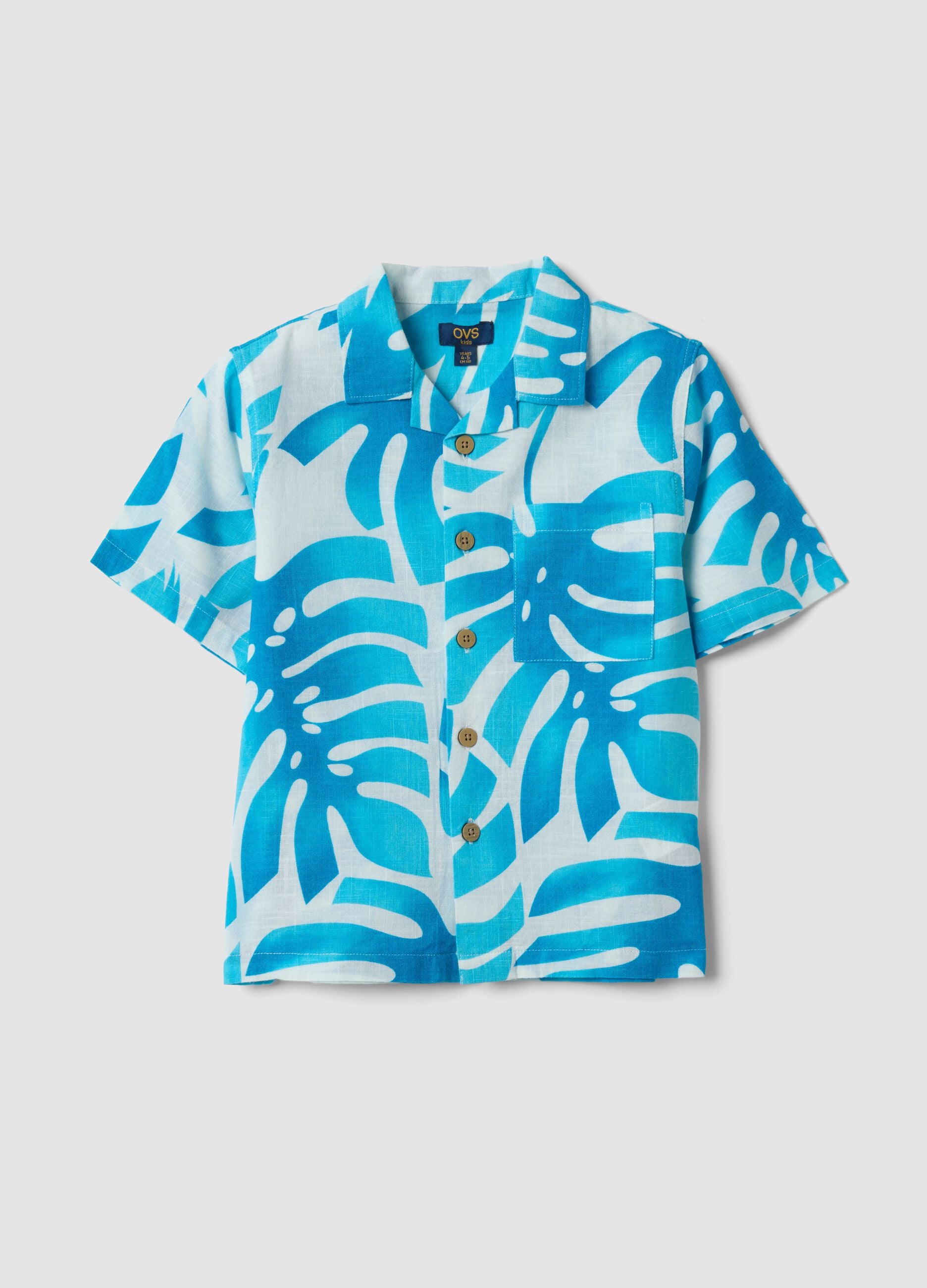 Blue and white pure cotton shirt with tropical print