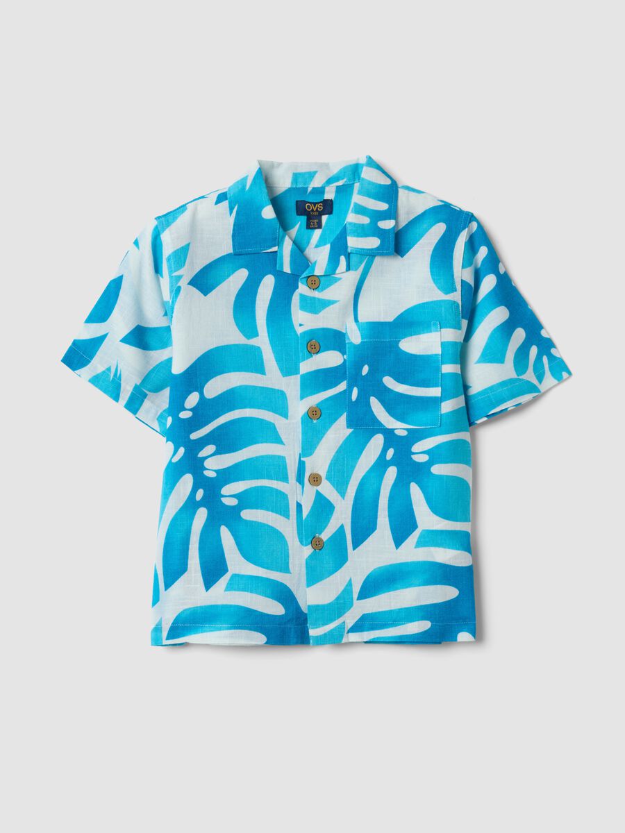 Blue and white pure cotton shirt with tropical print_0