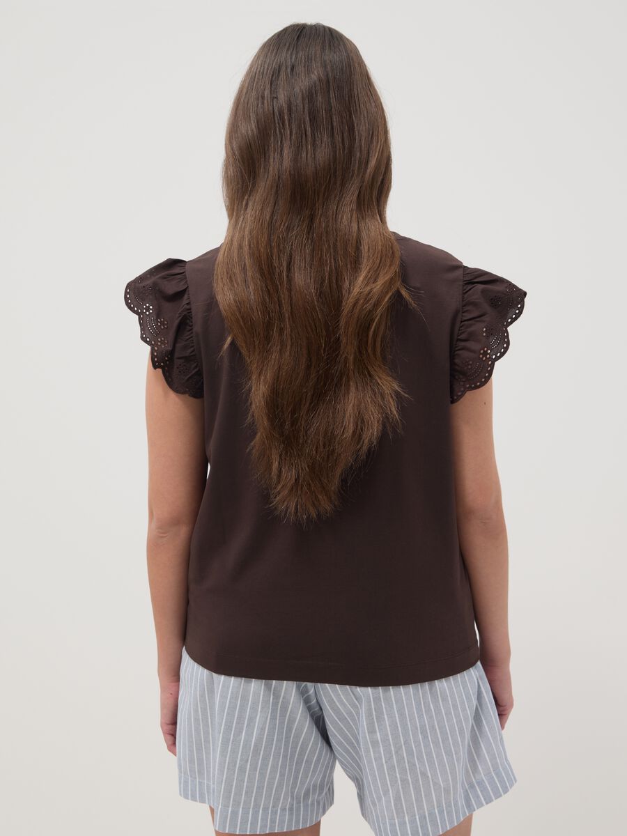 Brown stretch cotton T-shirt with ruffle sleeves, regular fit_3