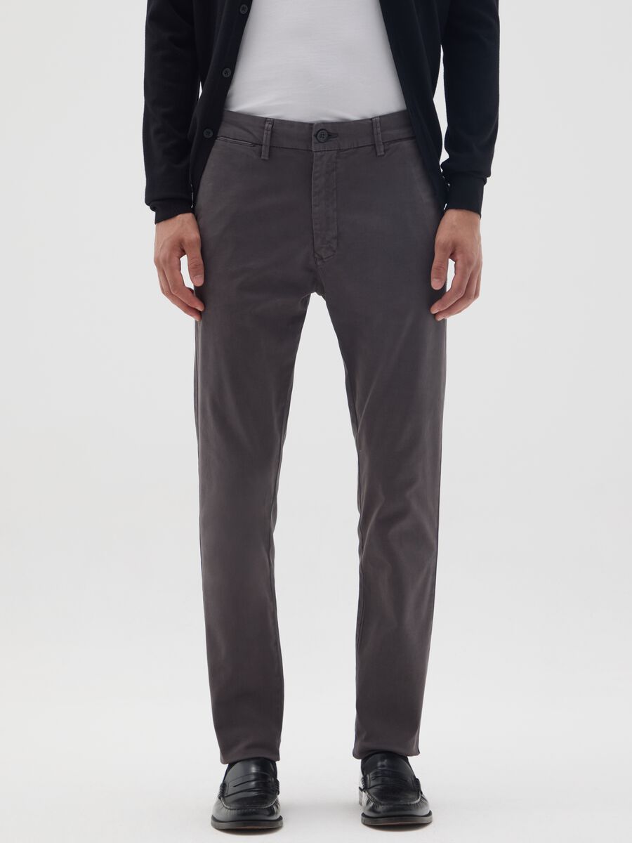 Grey stretch cotton regular fit trousers_1