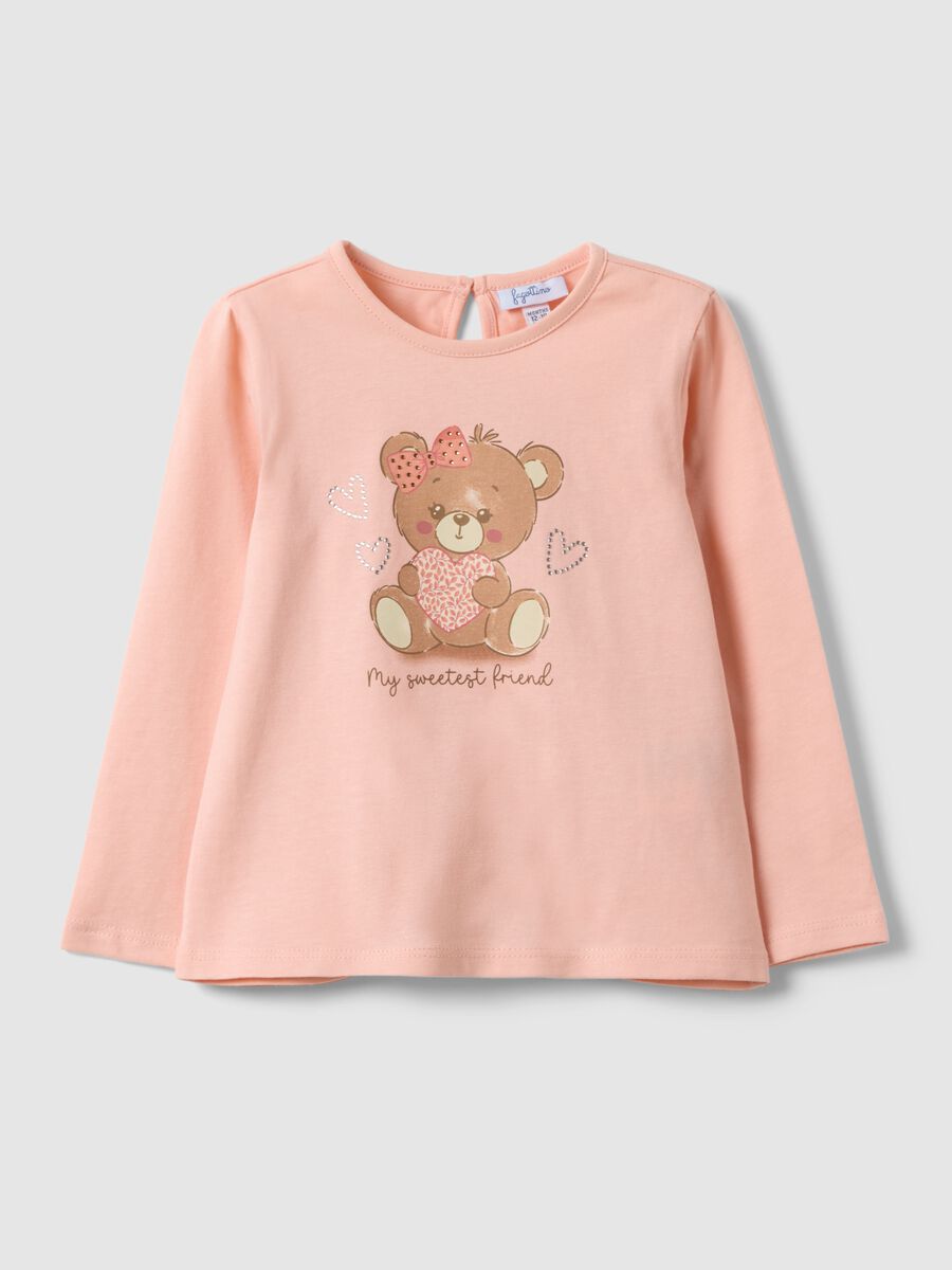 Girls' pink pure cotton regular fit T-shirt with teddy bear_0