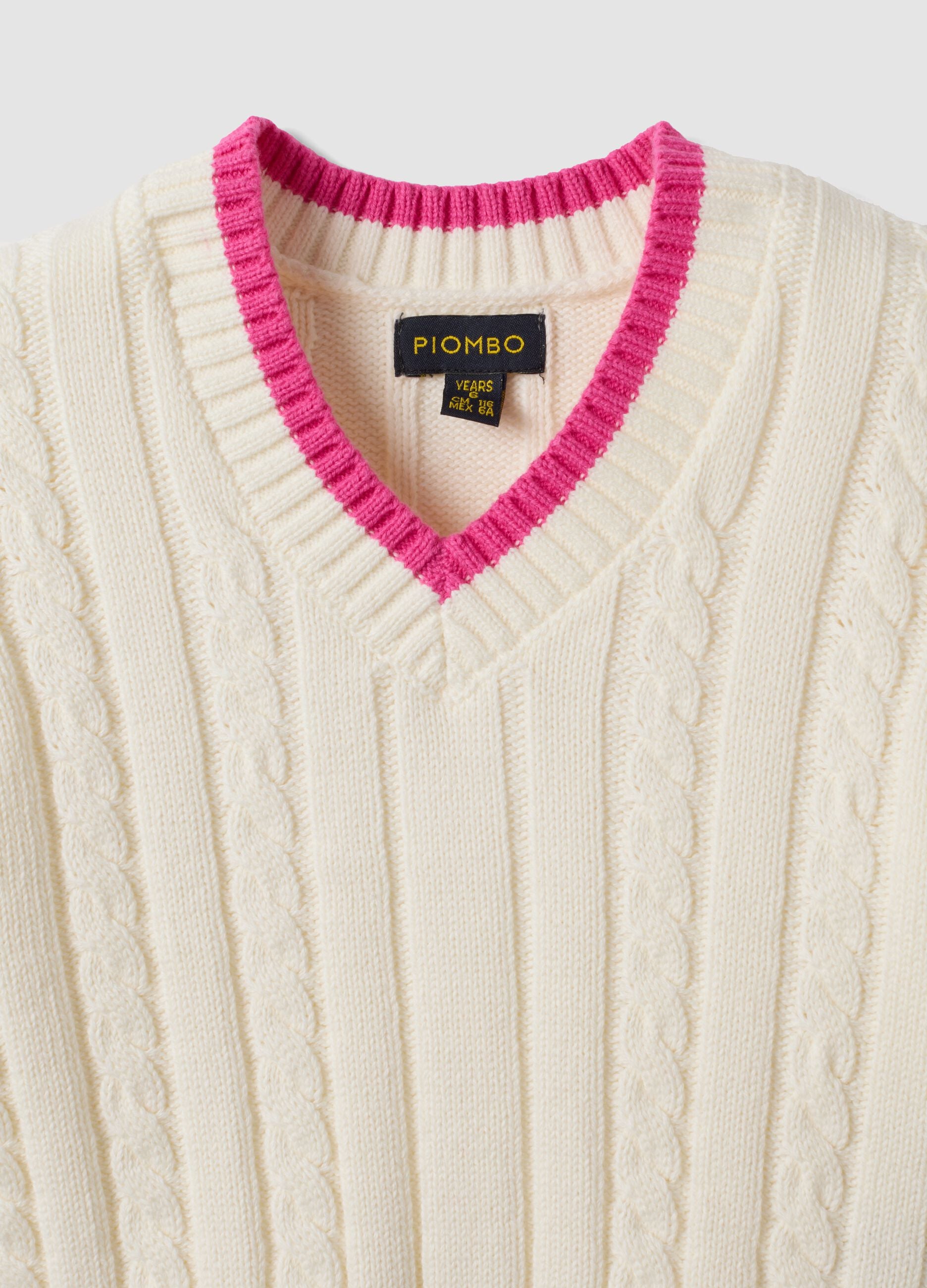 White pure cotton cable-knit V-neck jumper for girls